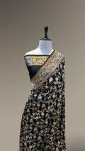 Jet Black 100% Pure Banarasi Katan Silk Meenakari Saree