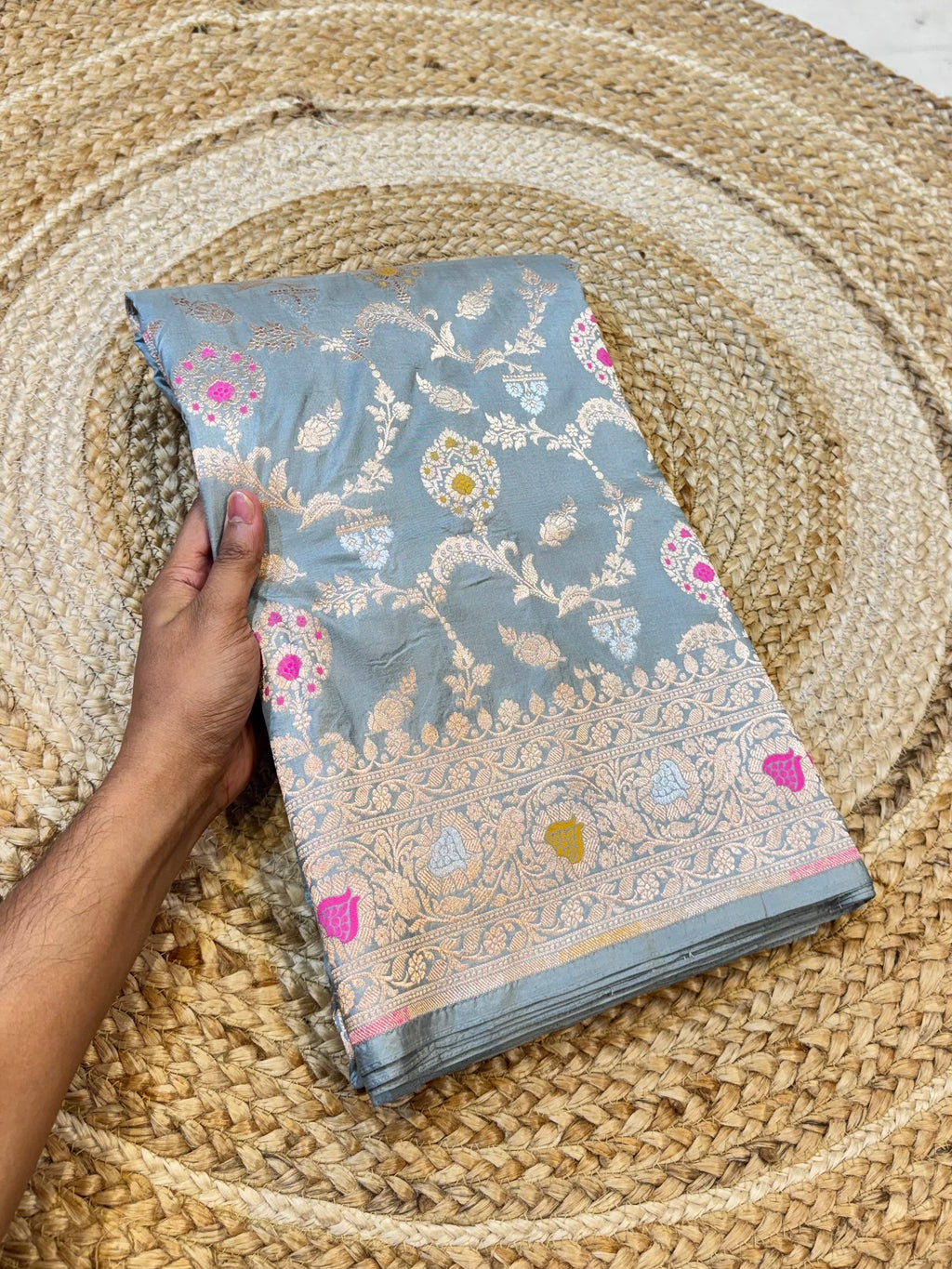 Powder Blue 100% Pure Banarasi Katan Silk Meenakari Saree