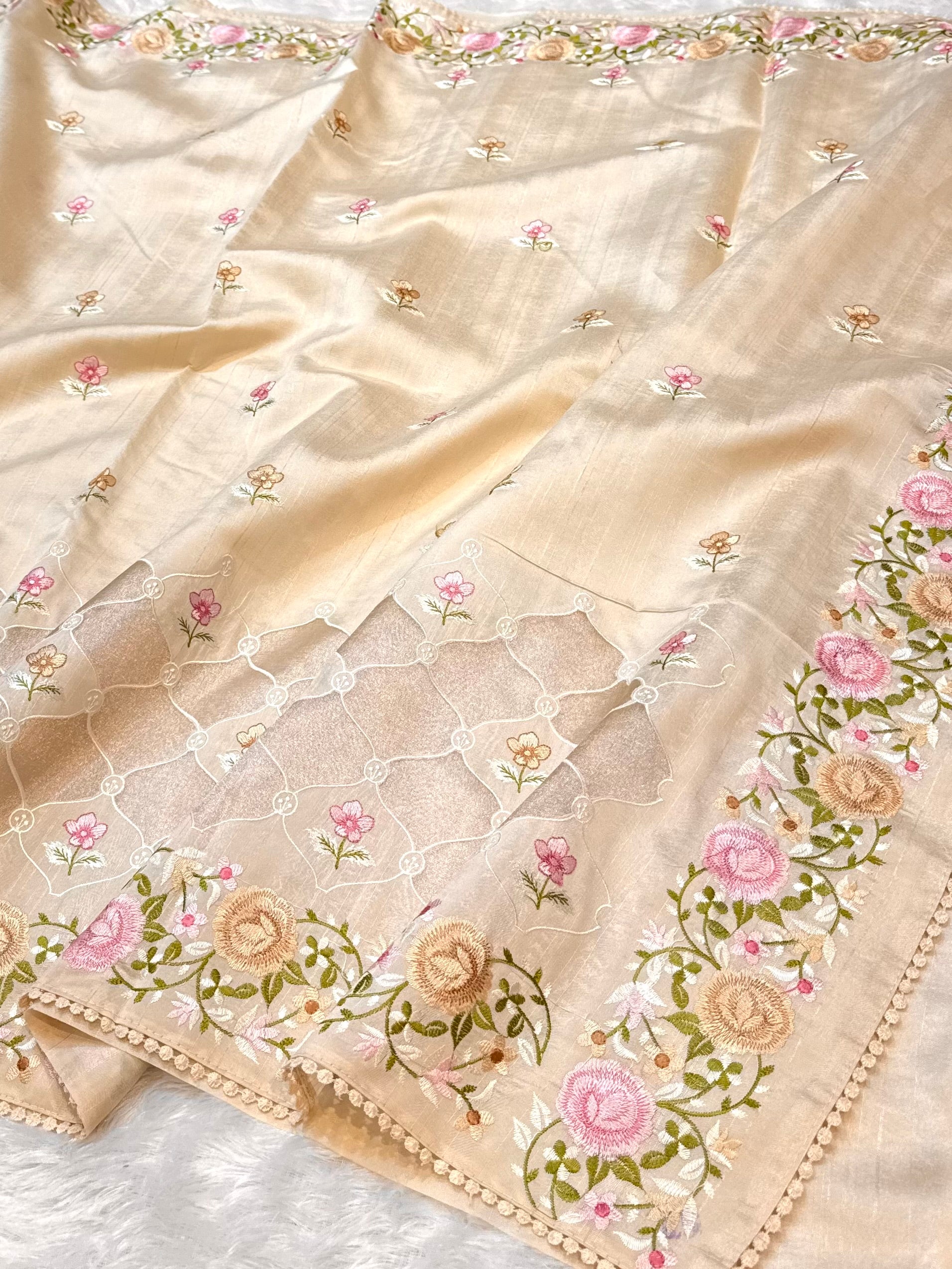 Beige Tussar Silk Partywear Banarasi Embroidery with Tissue Applique Lightweight Sarees