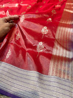 Diamond Red 100% Pure Banarasi Tissue Silk Handloom Handwoven Saree