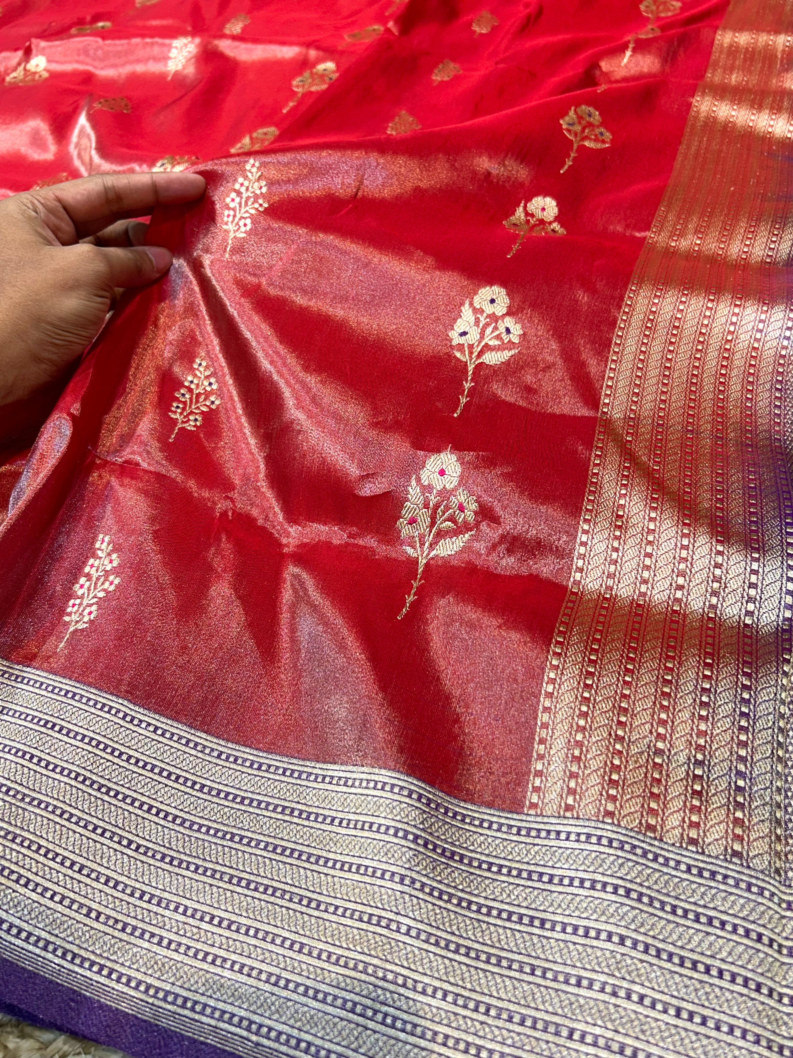 Diamond Red 100% Pure Banarasi Tissue Silk Handloom Handwoven Saree