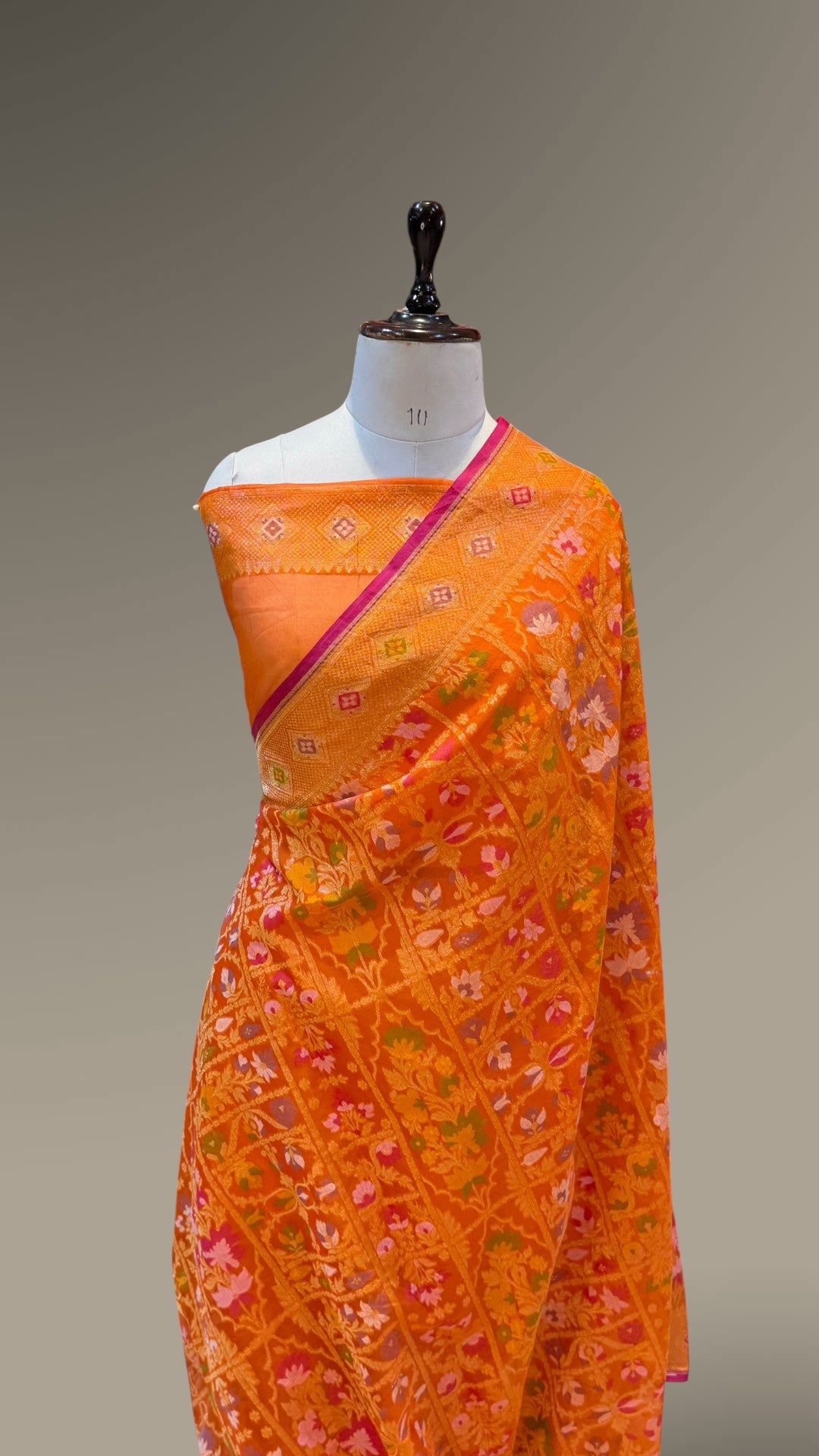 Prebook | Fanta Orange Pure Handloom Banarasi Ektara Kora Jamdani Saree