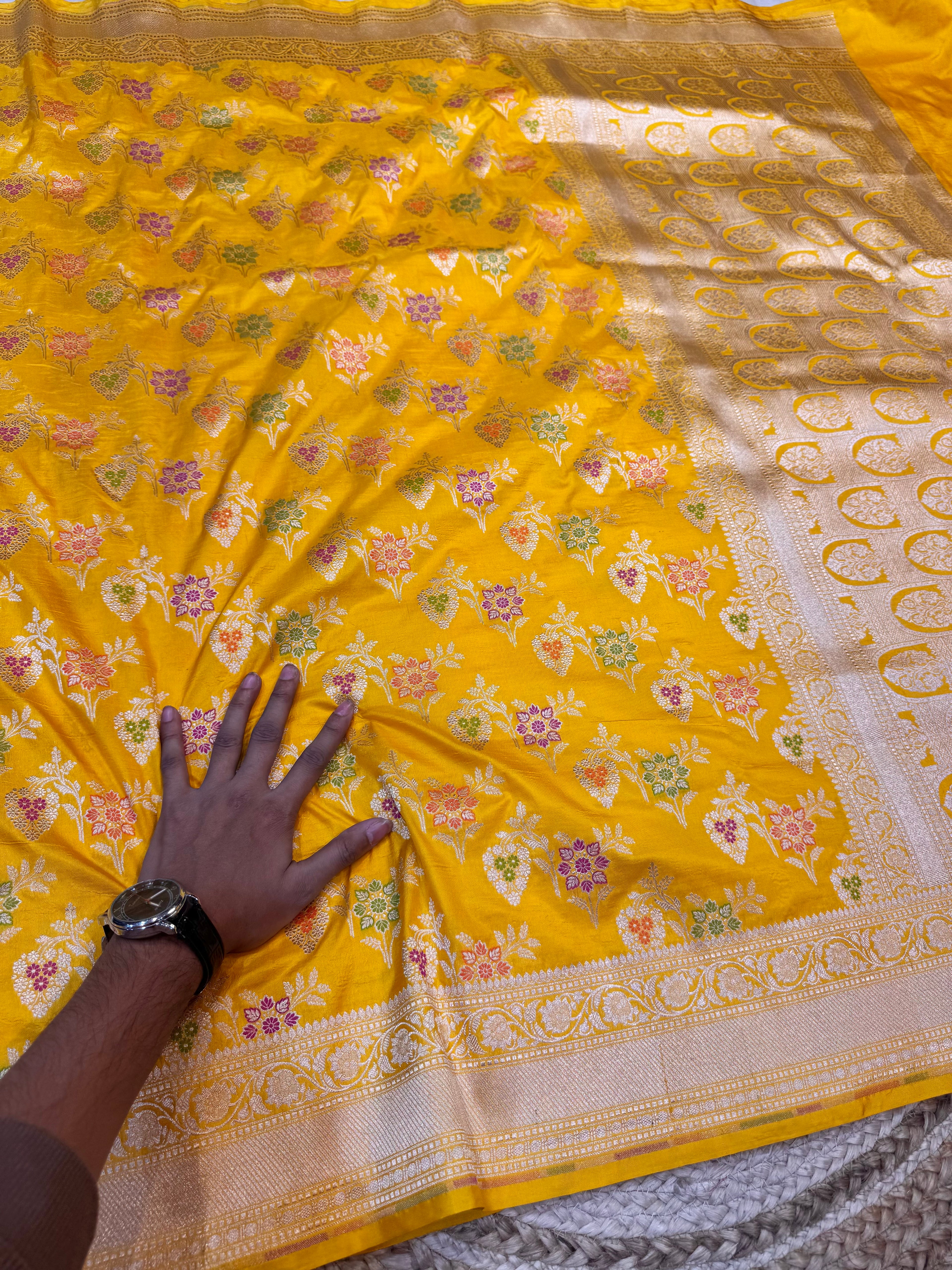 Prebook | Yellow 100% Pure Banarasi Katan Silk Meenakari Saree