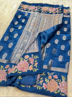 Sapphire Blue 100% Pure Banarasi Poona Silk Raw Mango Saree