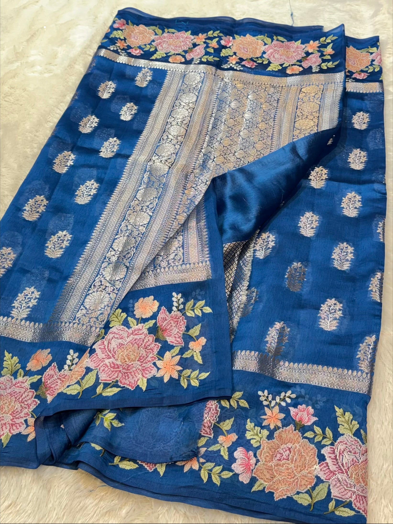 Sapphire Blue 100% Pure Banarasi Poona Silk Raw Mango Saree