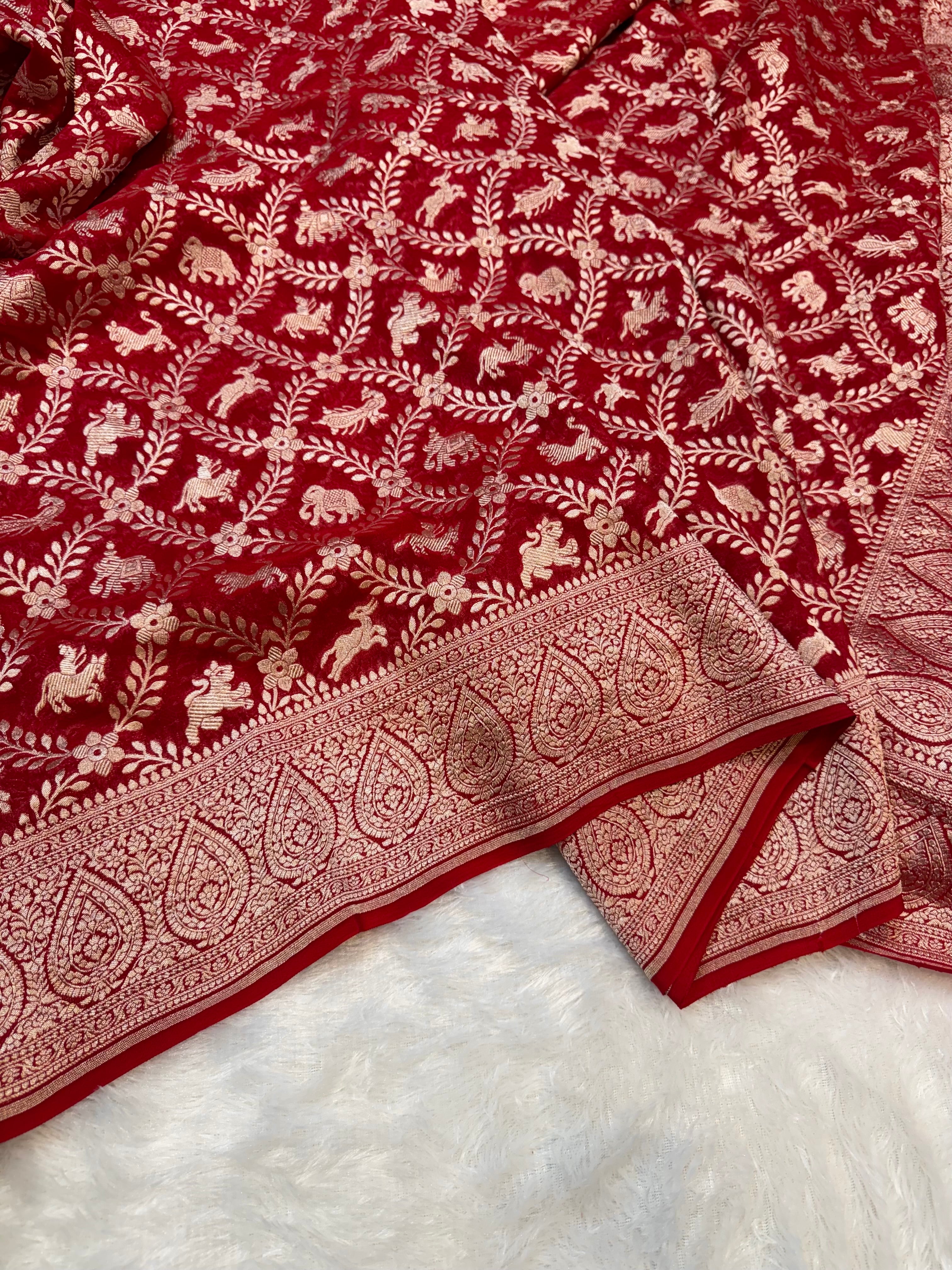 Red 100% Pure Khaddi Georgette SHIKARGAH Saree