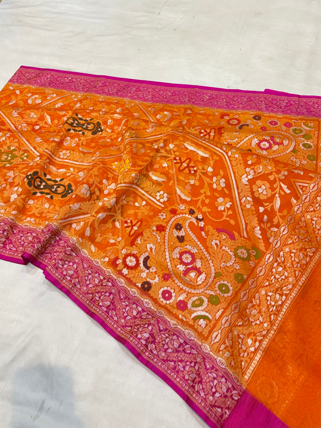 Fanta Orange 100% Pure Ektara Banarasi Kora Jamdani Saree