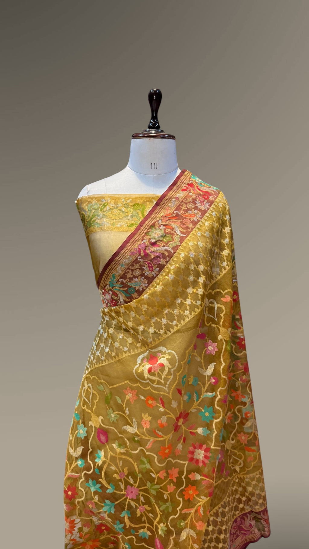 Olive Green 100% Pure Ektara Banarasi Kora Jamdani Saree