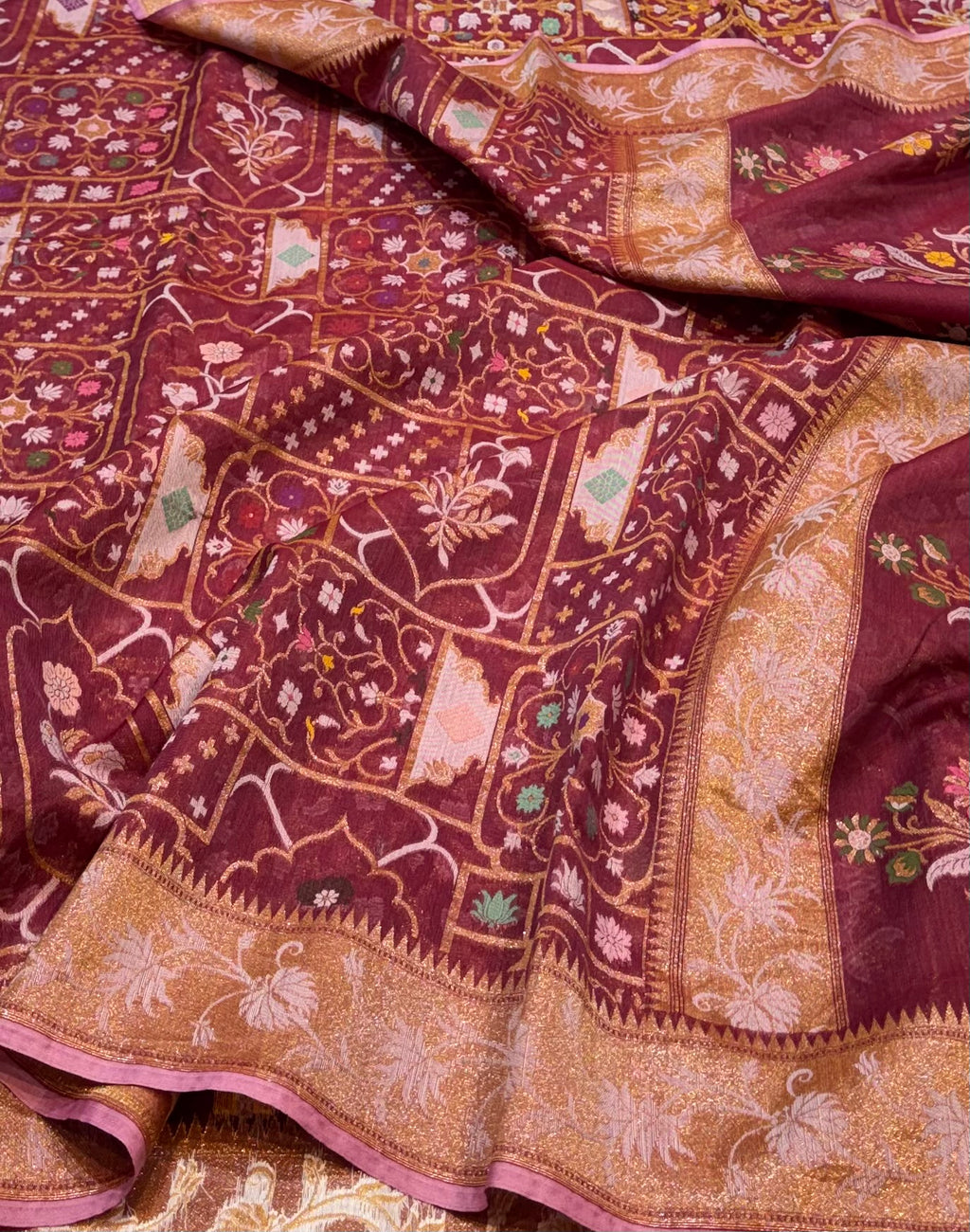 Prebook | Maroon 100% Pure Ektara Banarasi Cotton Jamdani Saree