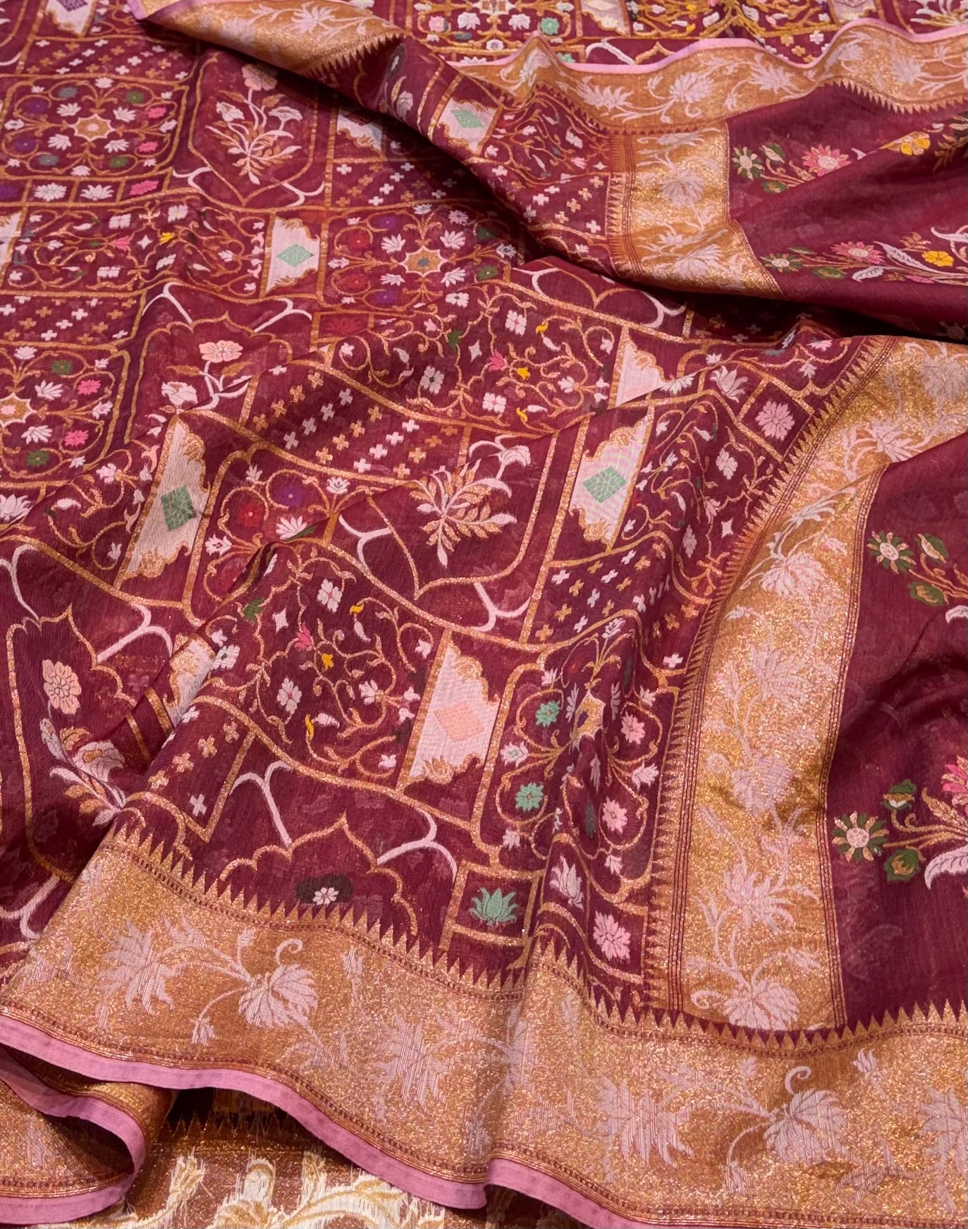 Prebook | Maroon 100% Pure Ektara Banarasi Cotton Jamdani Saree