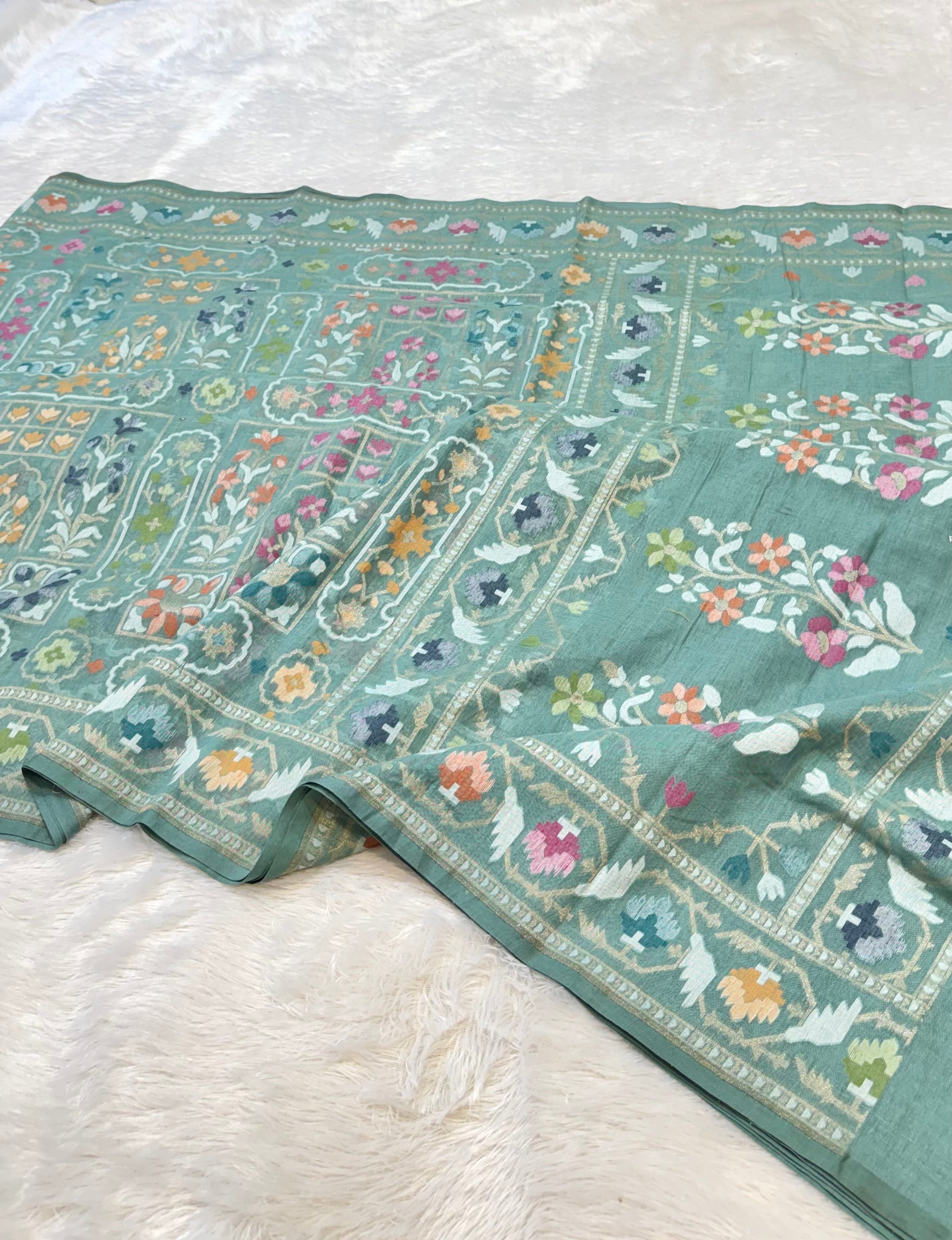 Prebook | Dusty Sea Blue 100% Pure Ektara Banarasi Cotton Jamdani Saree