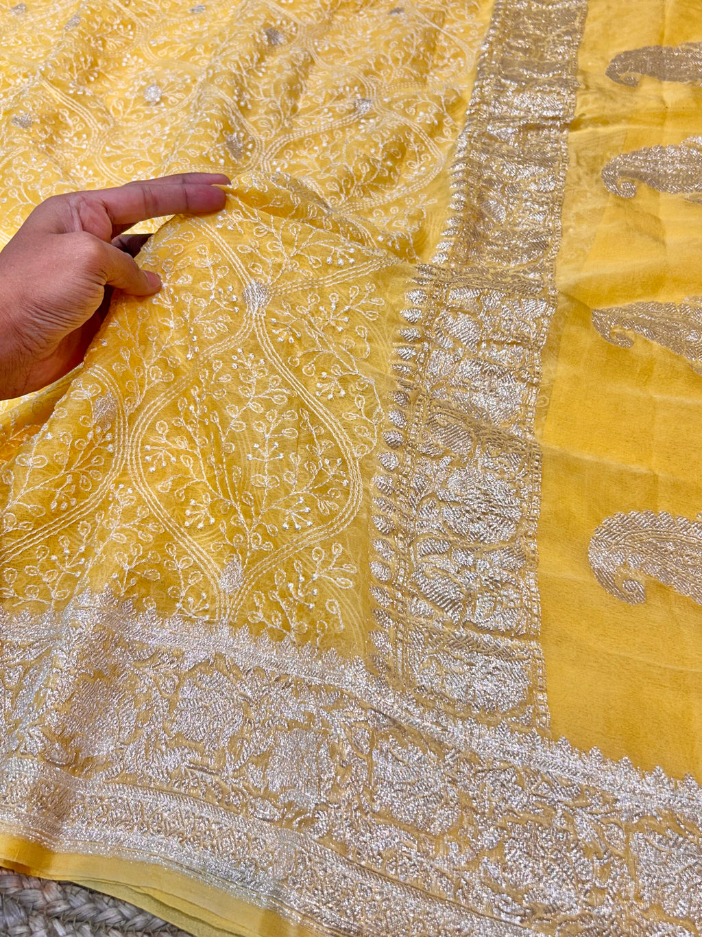 Lemon Yellow 100% Pure Khaddi Georgette Silver Zari ChikanKari Handloom Saree