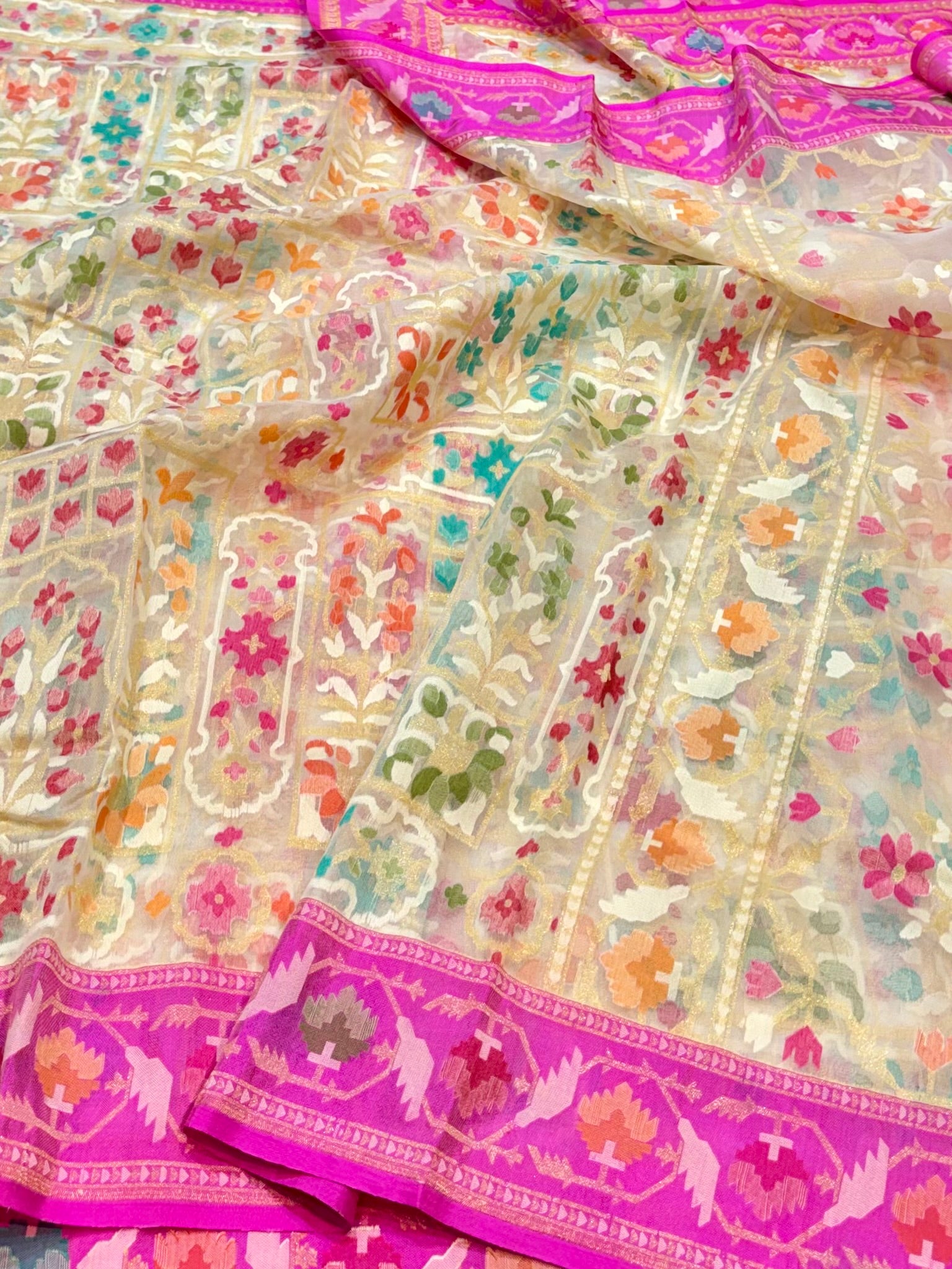 Half White 100% Pure Ektara Banarasi Kora Jamdani Saree