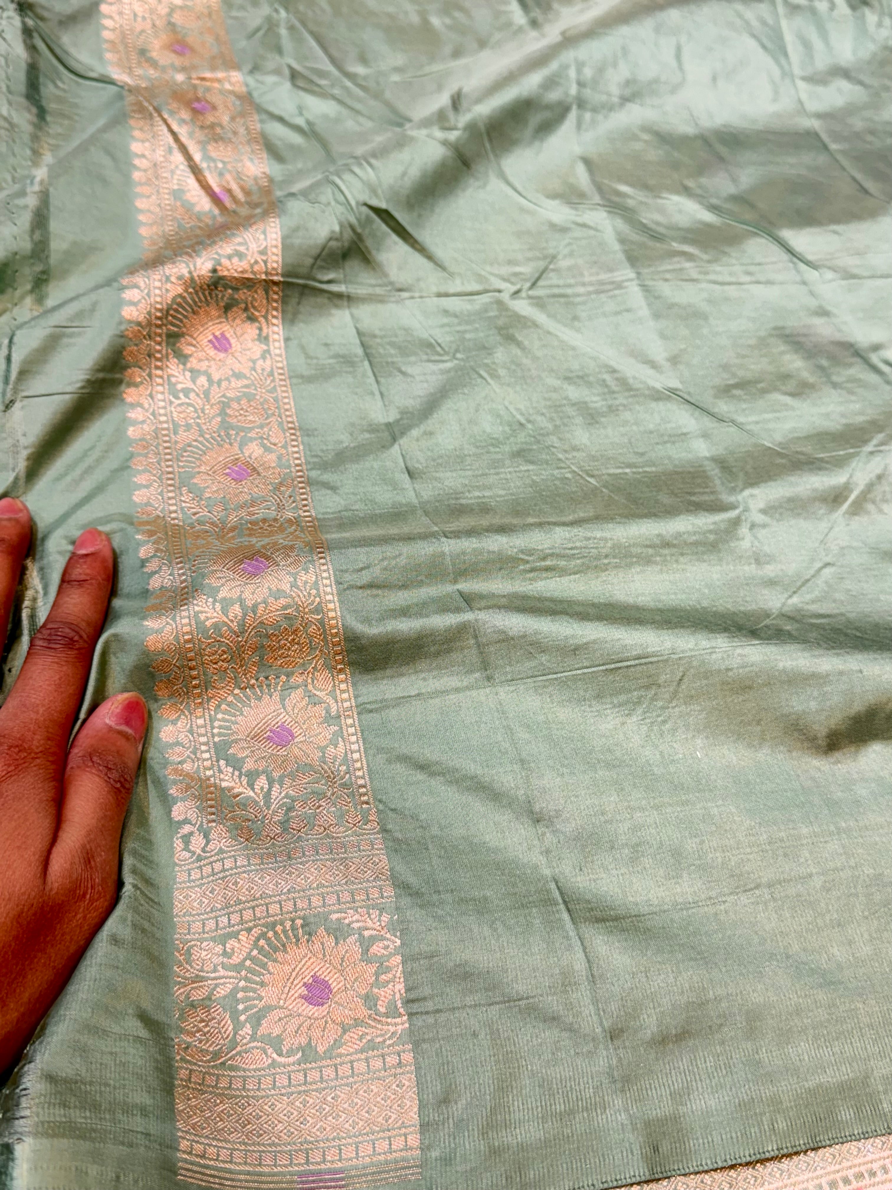 Pastel Sage Green 100% Pure Banarasi Katan Silk Meenakari Saree