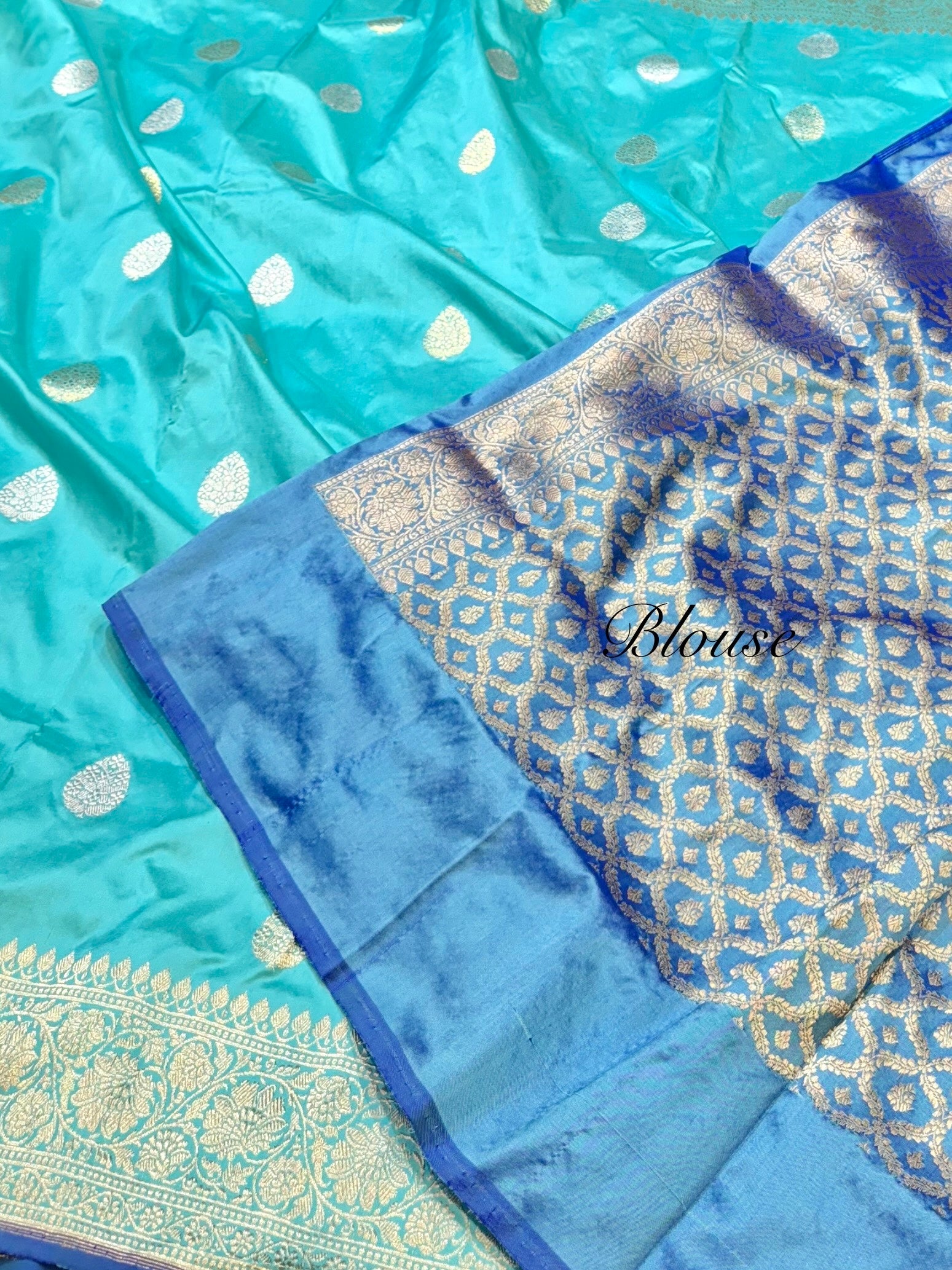 Cyan Blue 100% Pure Banaras Katan Silk Handloom Handwoven Pattu Saree