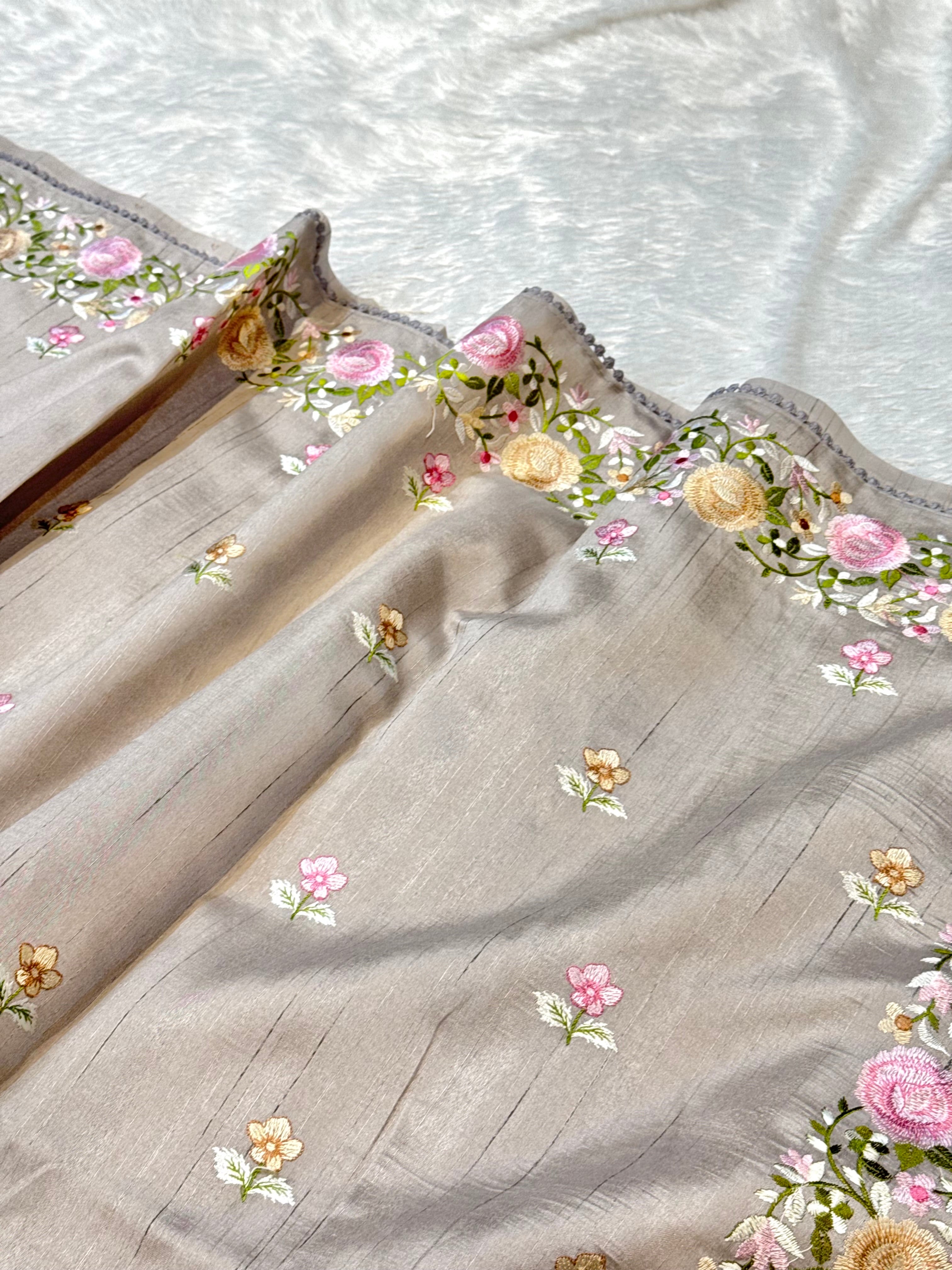 Mouse Tussar Silk Partywear Banarasi Embroidery with Tissue Applique Lightweight Sarees