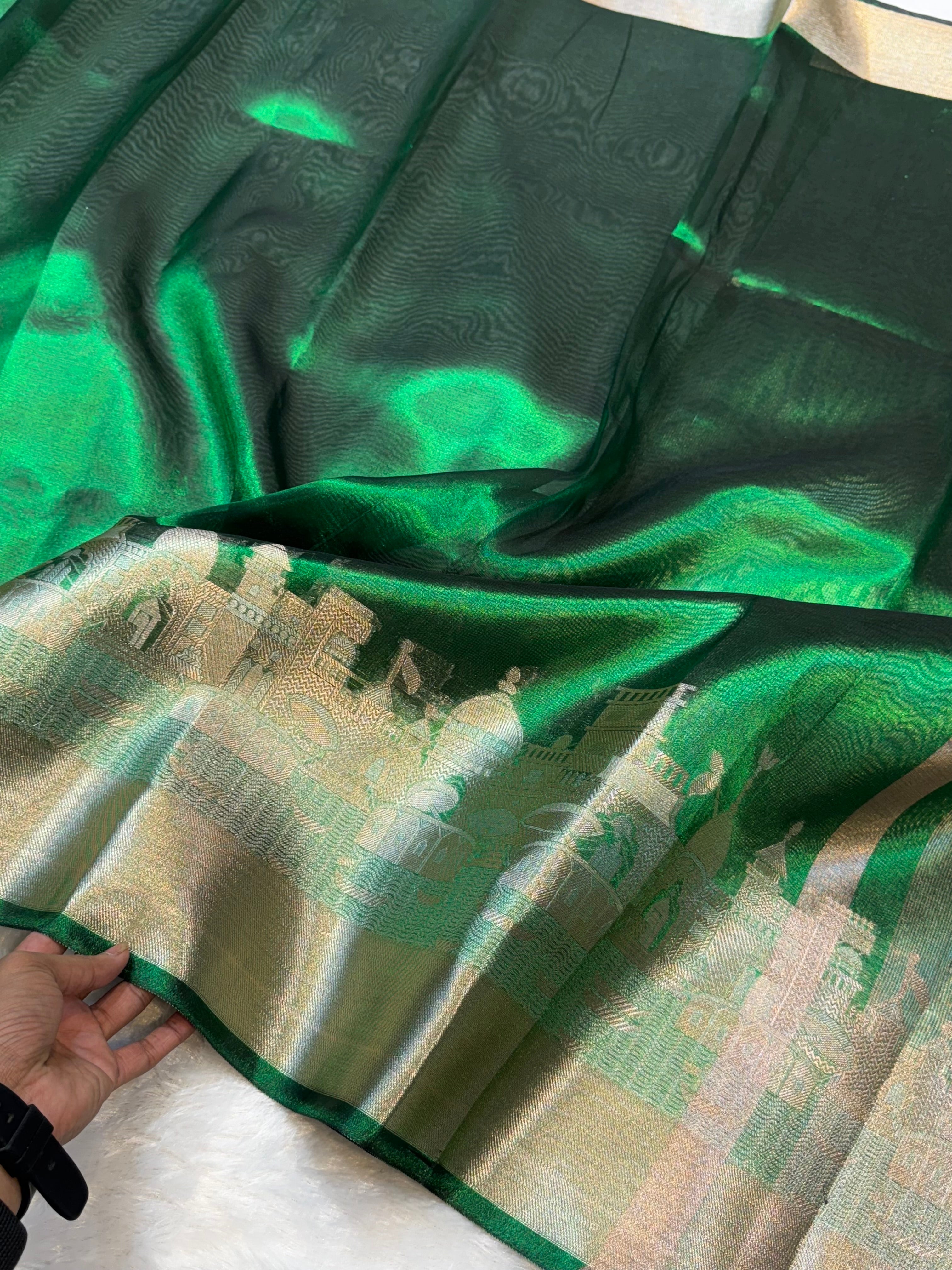 Diamond Green Tissue Silk Partywear Banarasi Ghat Lightweight Saree