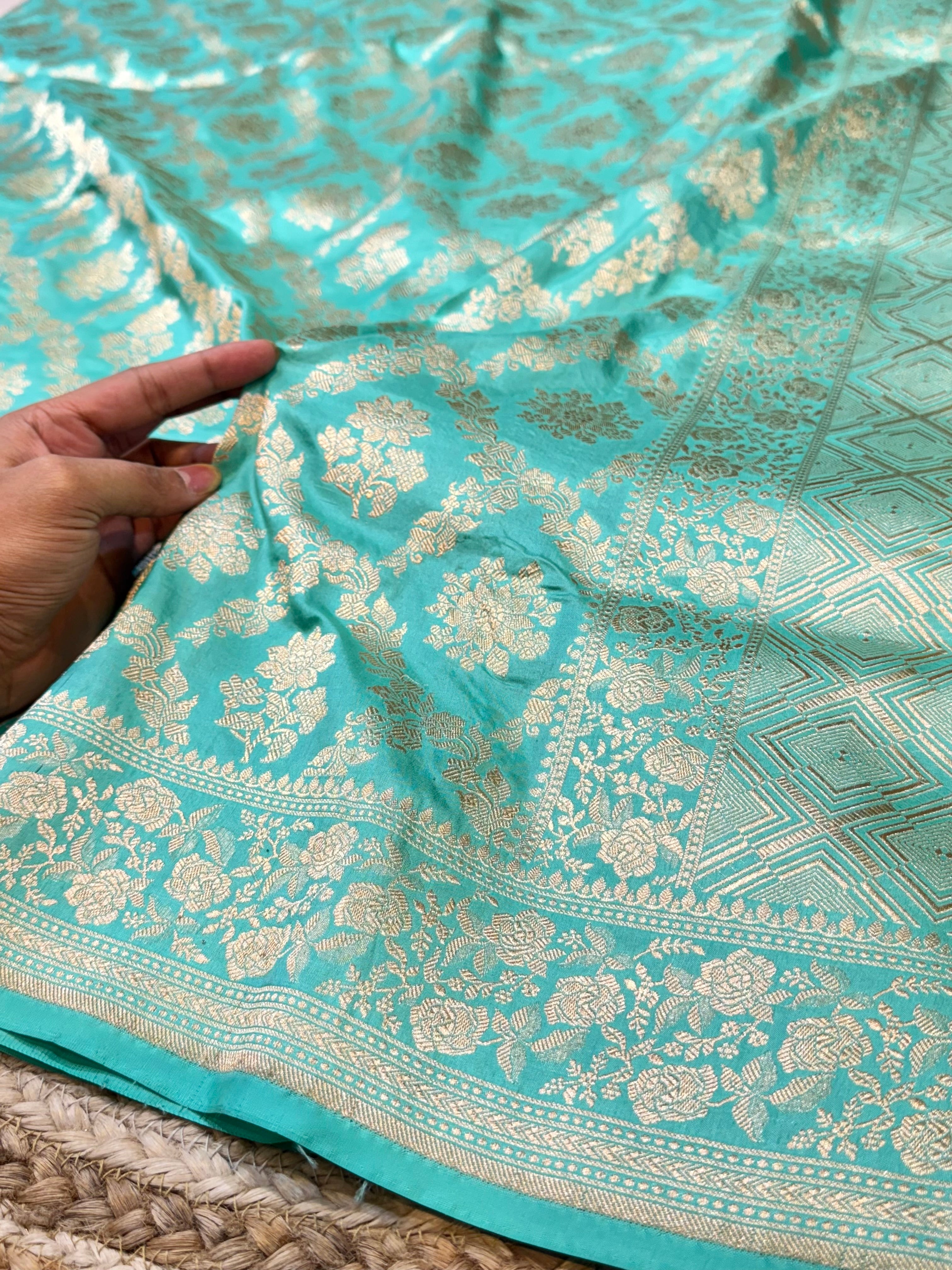 Cyan Blue 100% Pure Banarasi Katan Silk Saree