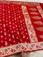 Red 100% Pure Banarasi Katan Silk Meenakari Paithani Saree