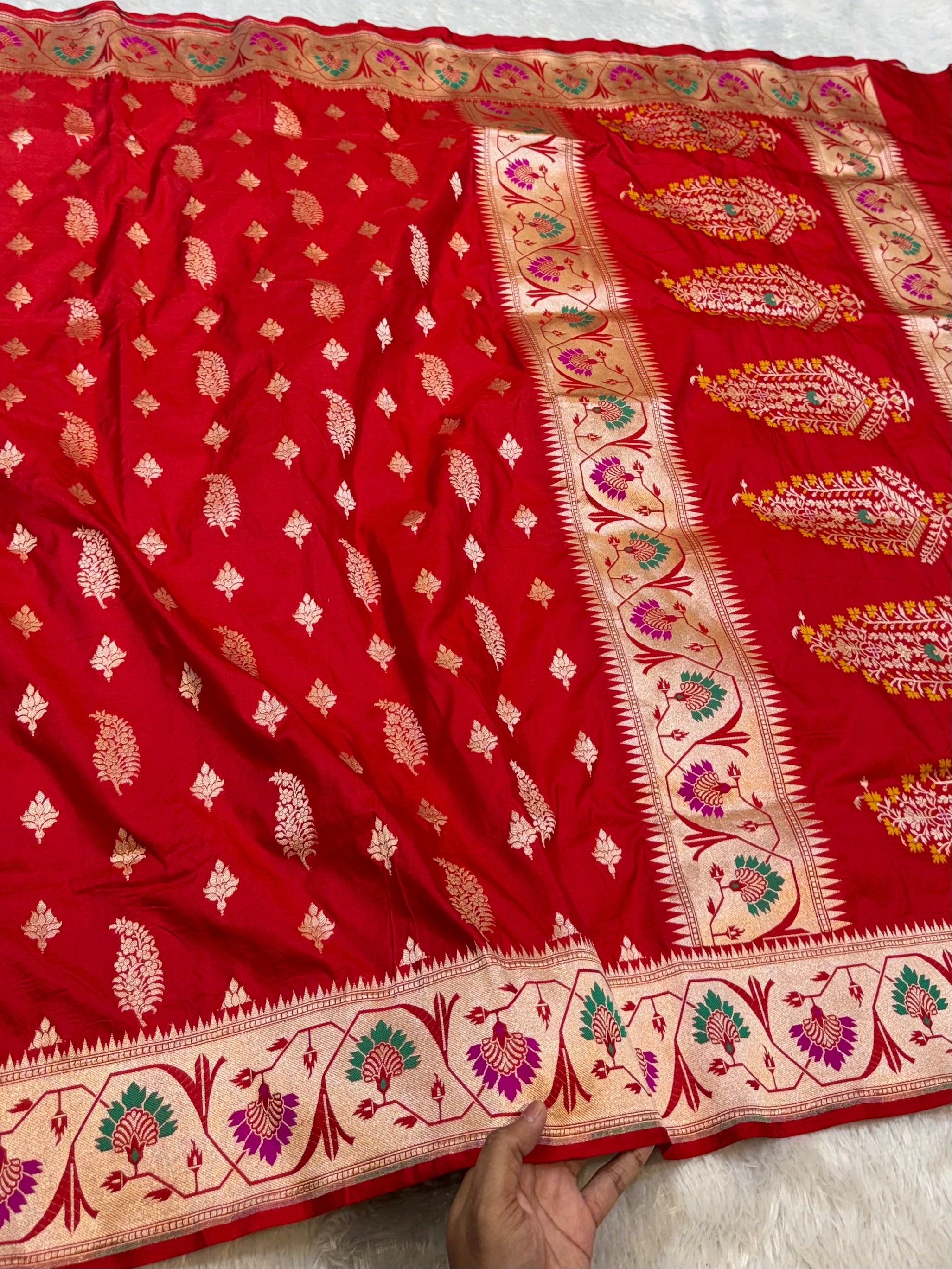 Red 100% Pure Banarasi Katan Silk Meenakari Paithani Saree