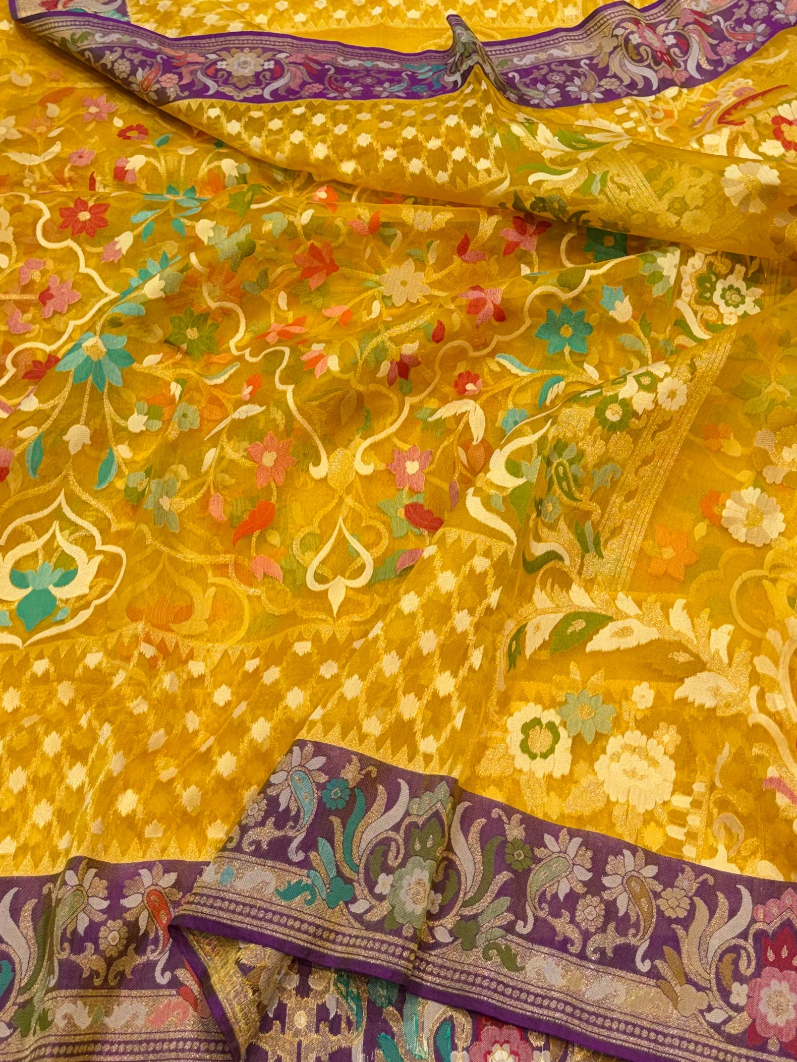 Sunflower Yellow 100% Pure Ektara Banarasi Kora Jamdani Saree