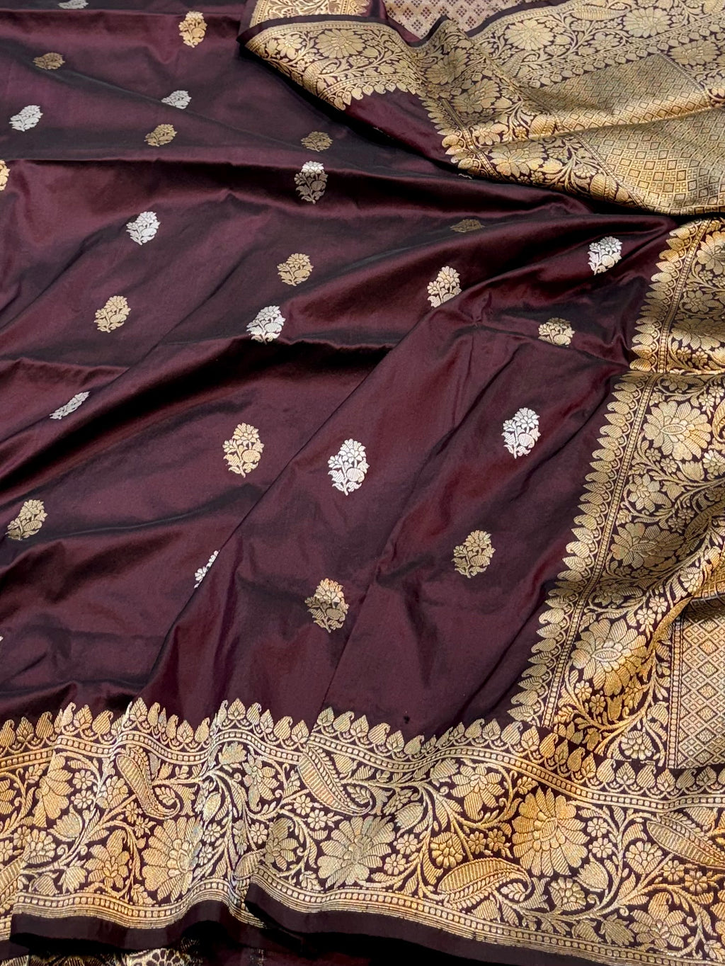 Coffee Brown 100% Pure Banaras Katan Silk Handloom Handwoven Pattu Saree