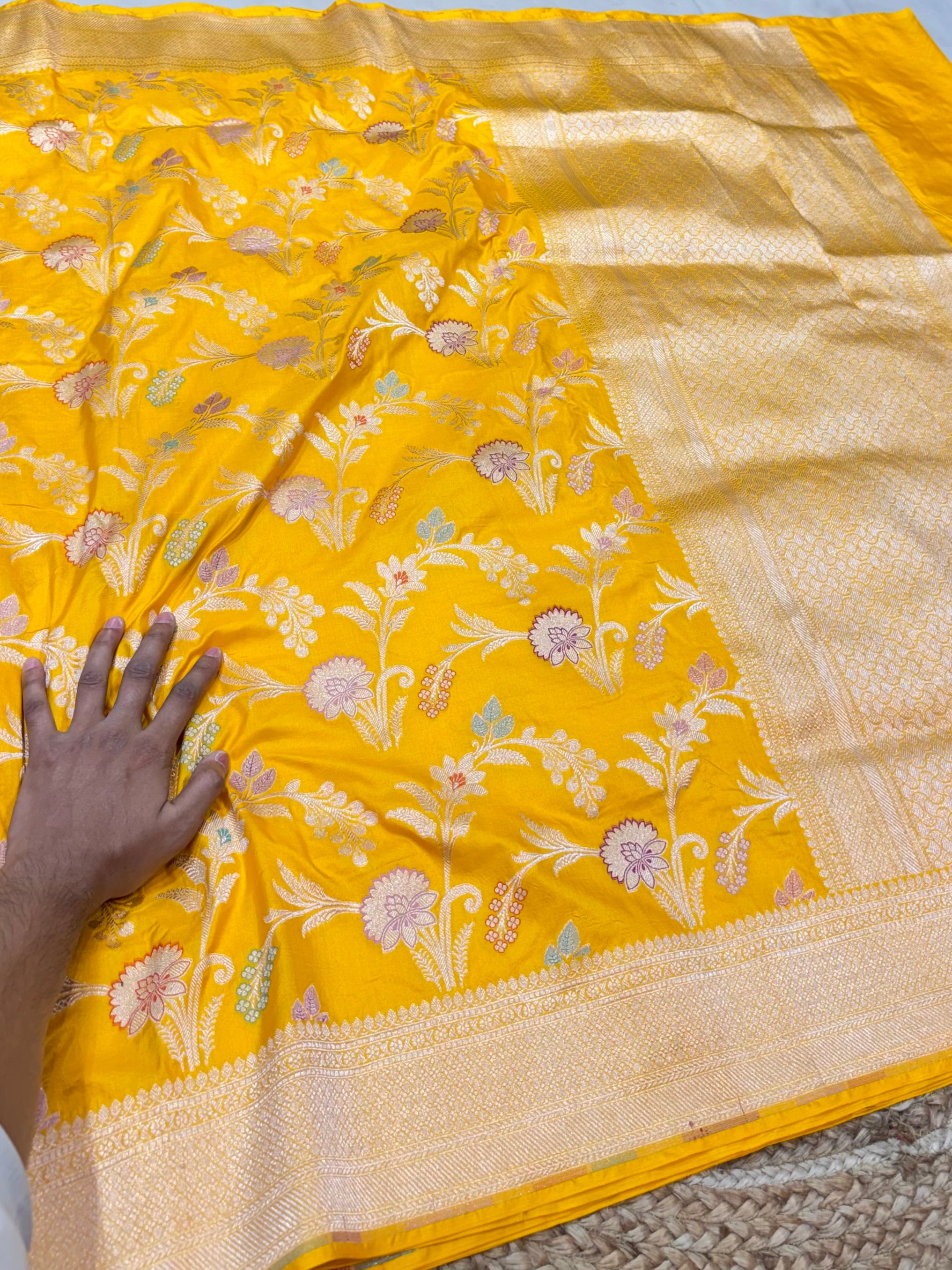 Yellow 100% Pure Banarasi Katan Silk Meenakari Saree
