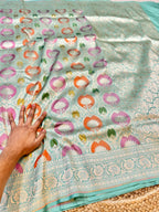Sea Green 100% Pure Banaras Katan Silk Rangkaat Saree