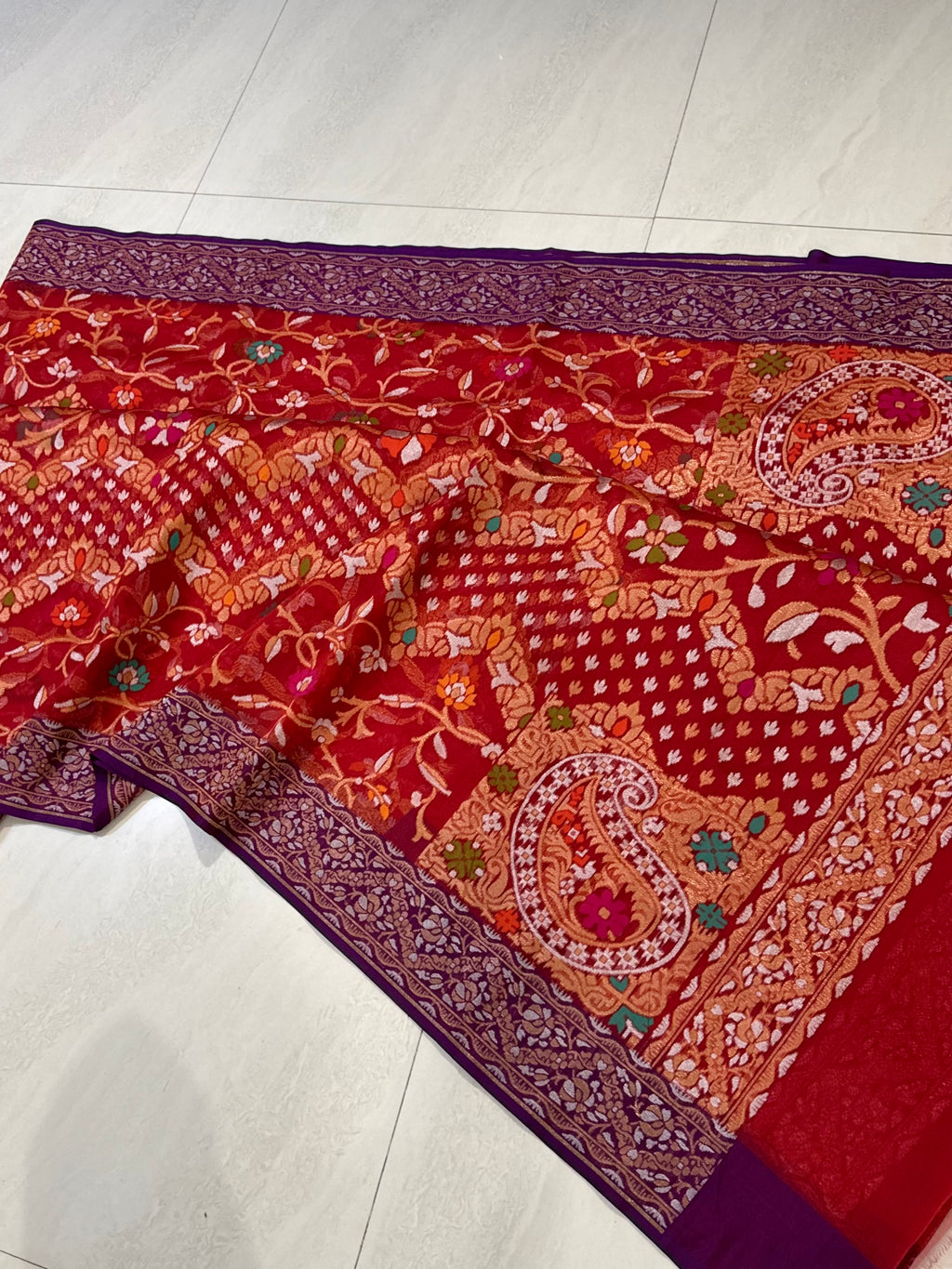 Prebook | Chilli Red Pure Ektara Banarasi Kora Jamdani Saree