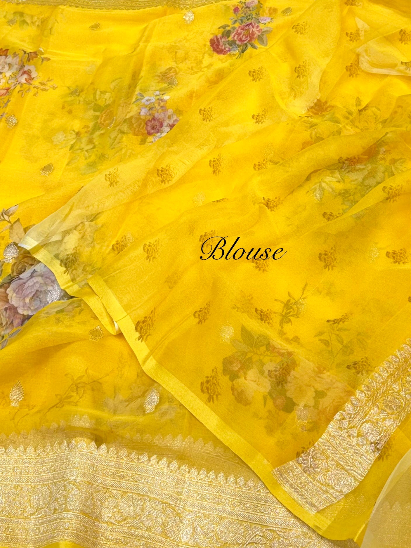 Yellow 100% Pure Khaddi Georgette Silver Zari Digital Print Handloom Saree