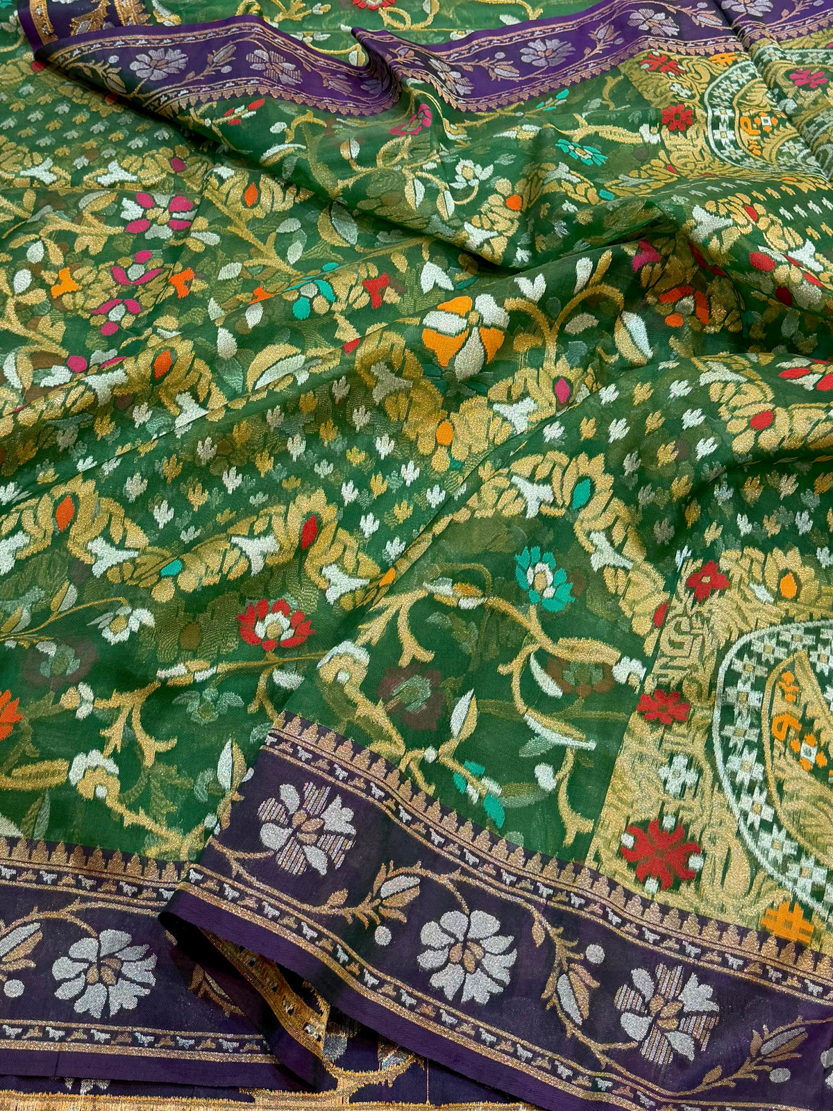 Prebook | Bottle Green Pure Banarasi Ektara Kora Jamdani Saree