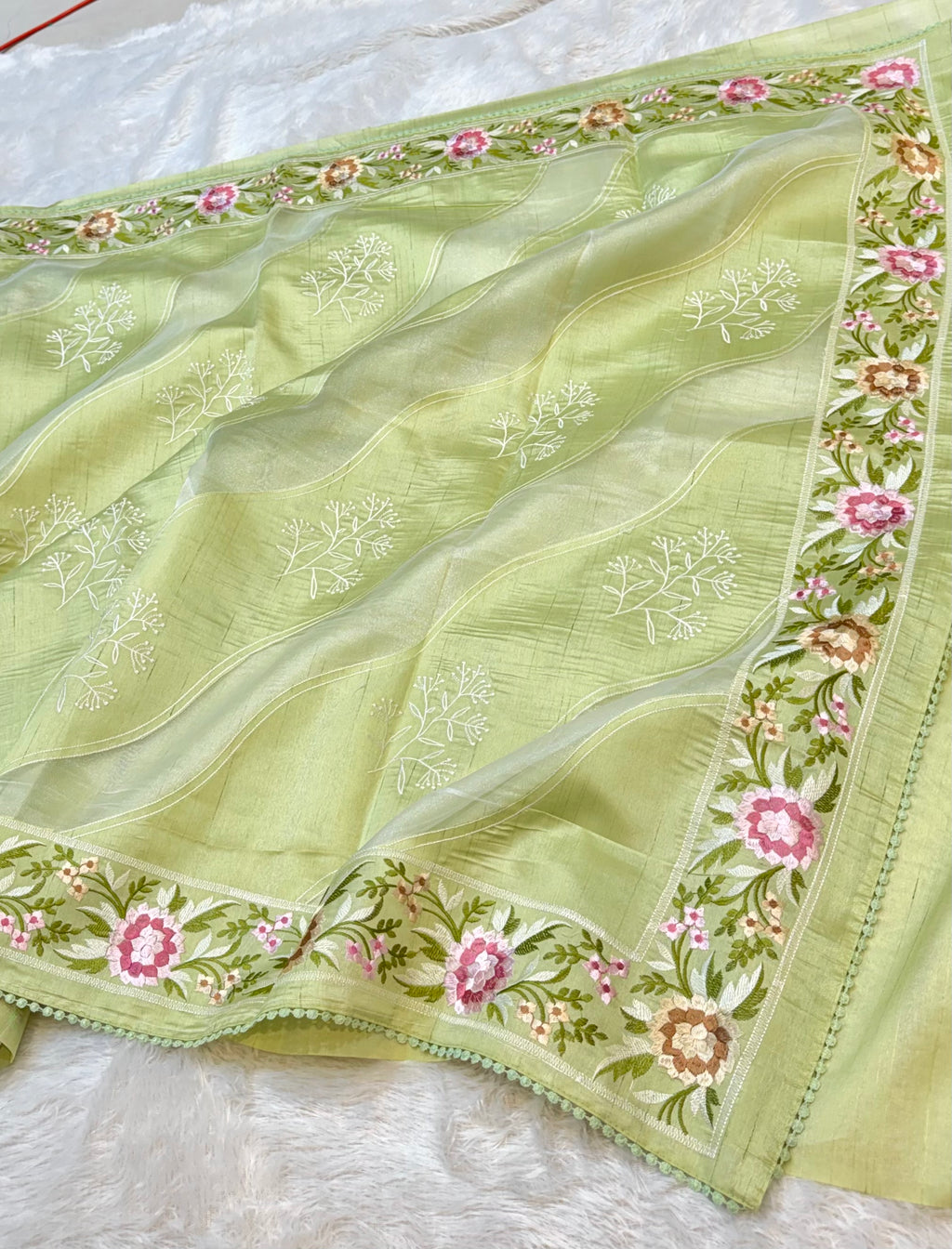 Pista Green Tussar Silk Partywear Banarasi Embroidery with Tissue Applique Lightweight Sarees