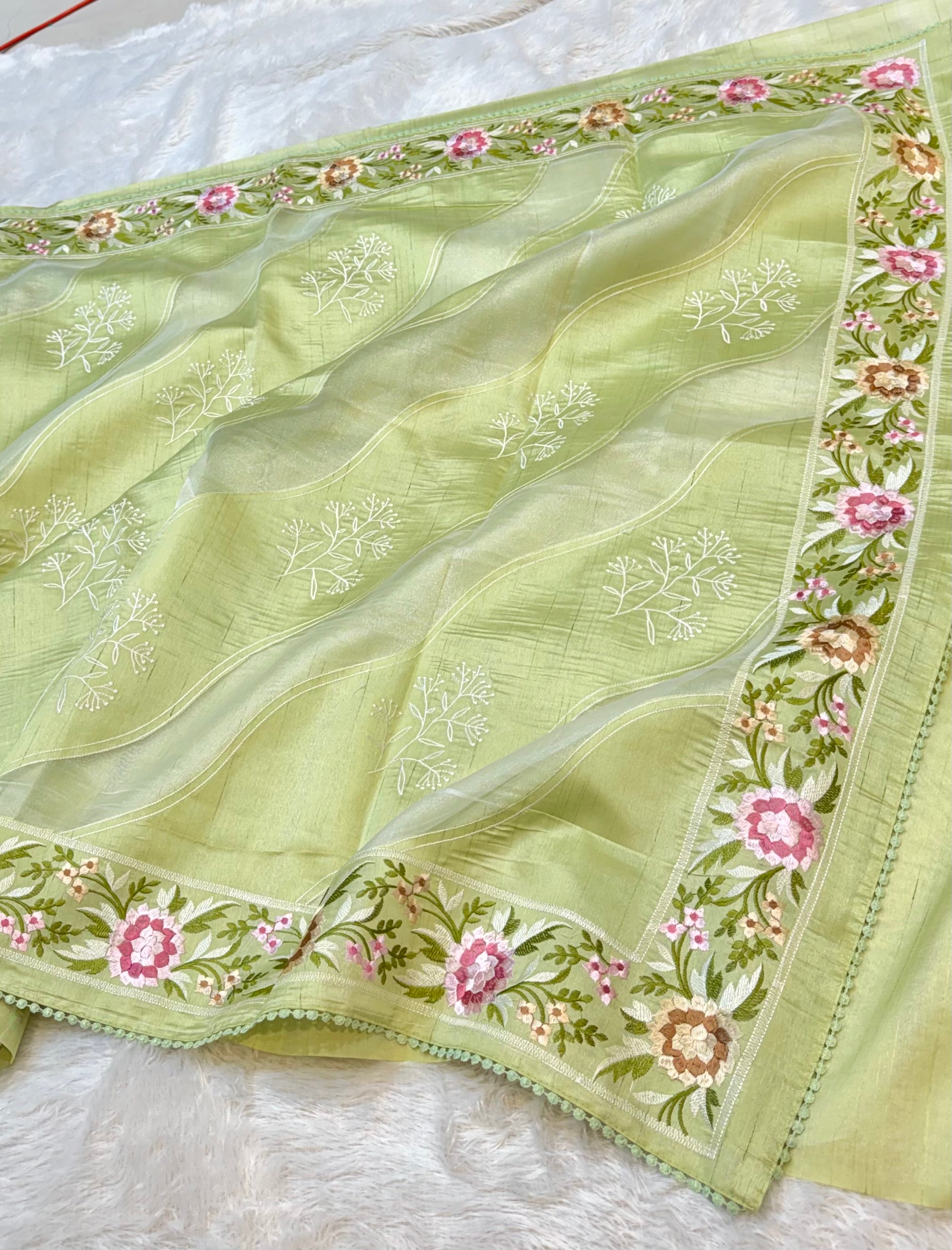 Pista Green Tussar Silk Partywear Banarasi Embroidery with Tissue Applique Lightweight Sarees