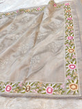 Light Grey Tussar Silk Partywear Banarasi Embroidery with Tissue Applique Lightweight Sarees