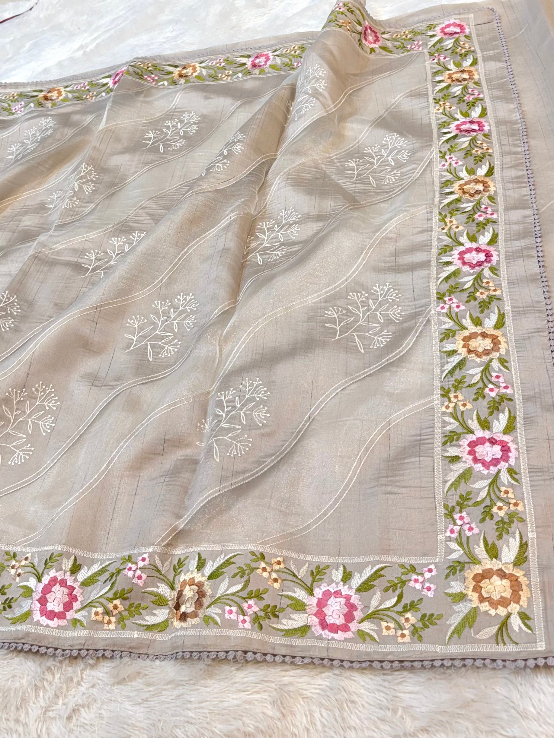 Light Grey Tussar Silk Partywear Banarasi Embroidery with Tissue Applique Lightweight Sarees