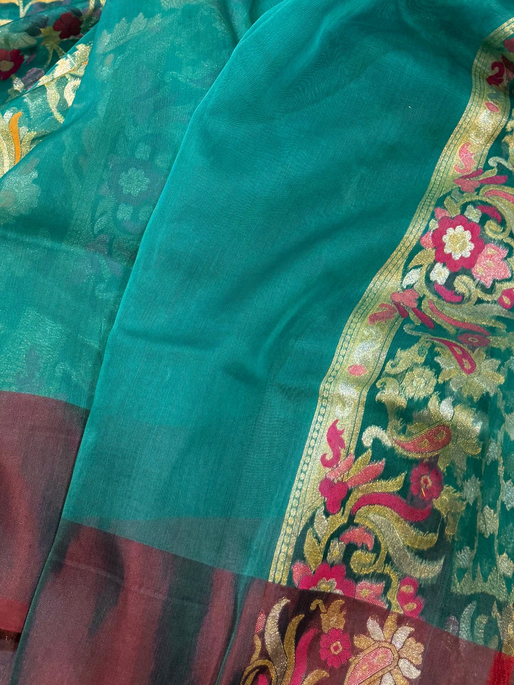 Peacock Green 100% Pure Ektara Banarasi Kora Jamdani Saree