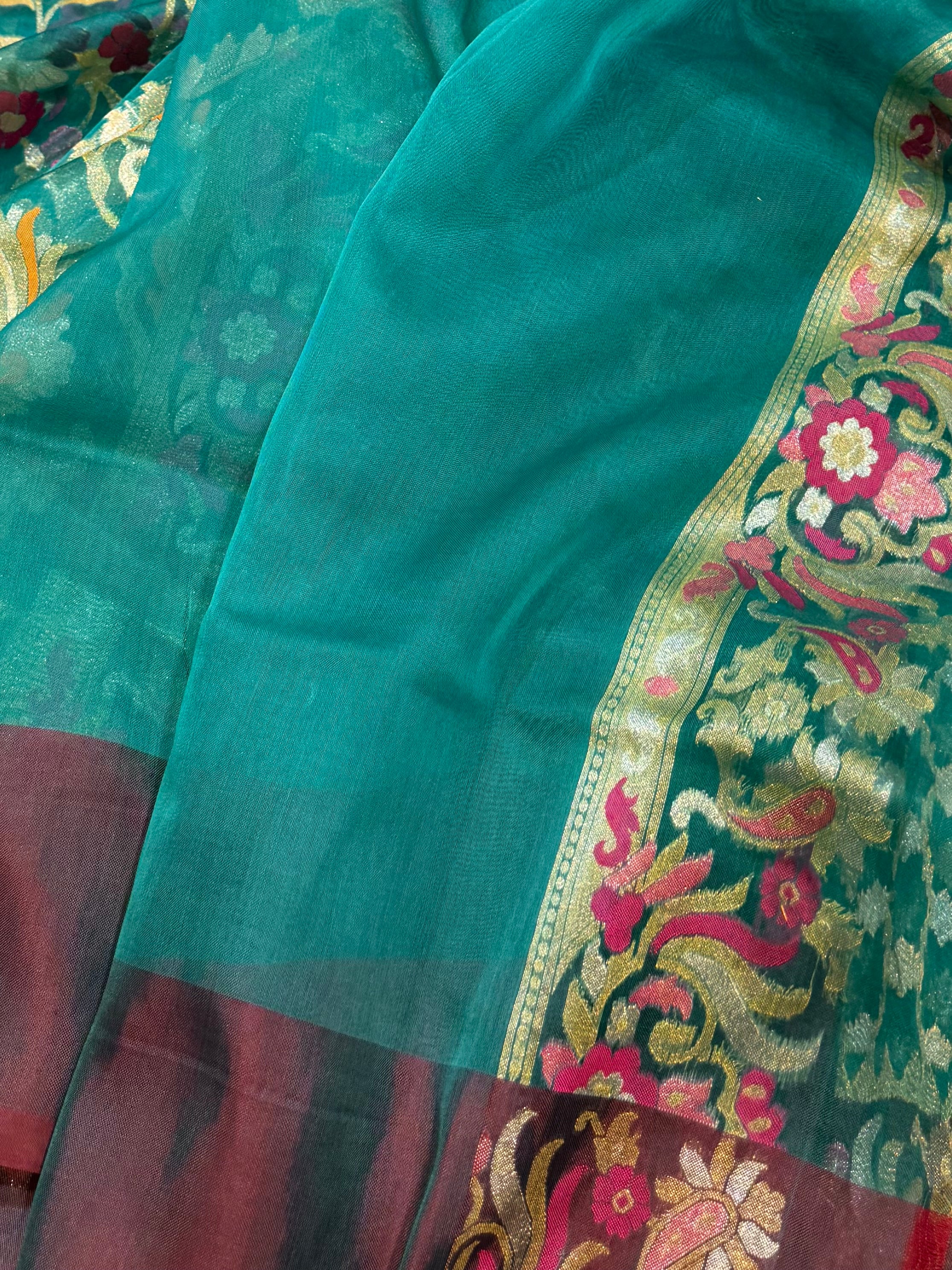 Peacock Green 100% Pure Ektara Banarasi Kora Jamdani Saree