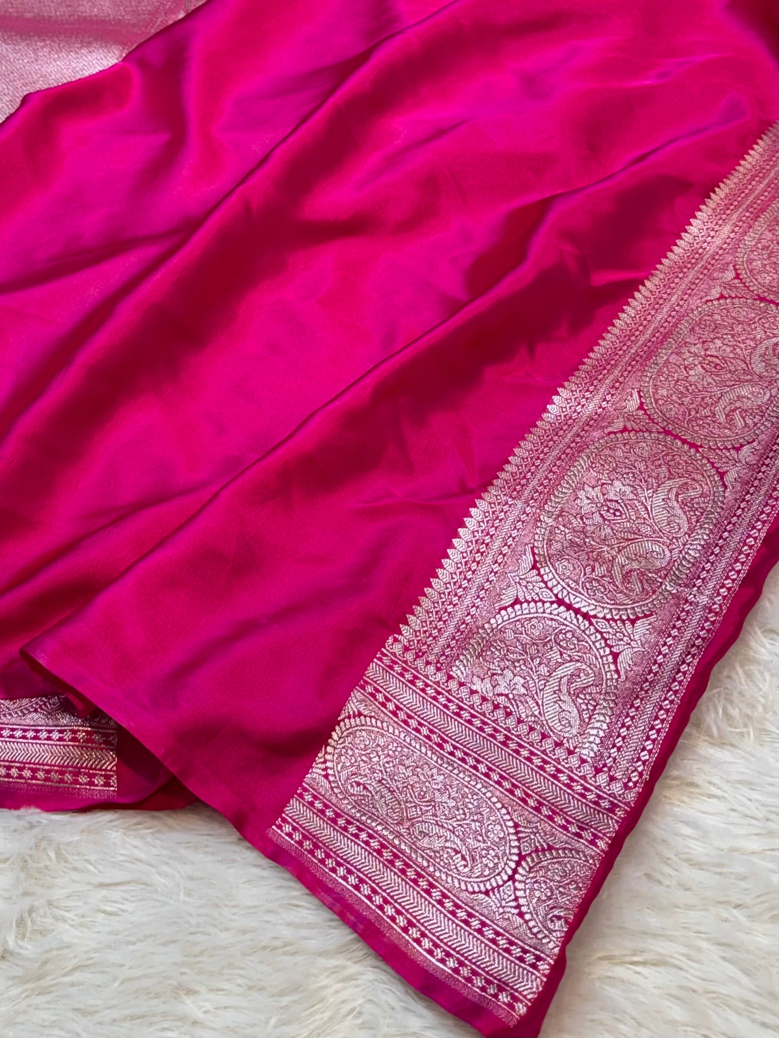 Rani Pink Banarasi Soft Meenakari Mashru Silk Partywear Saree