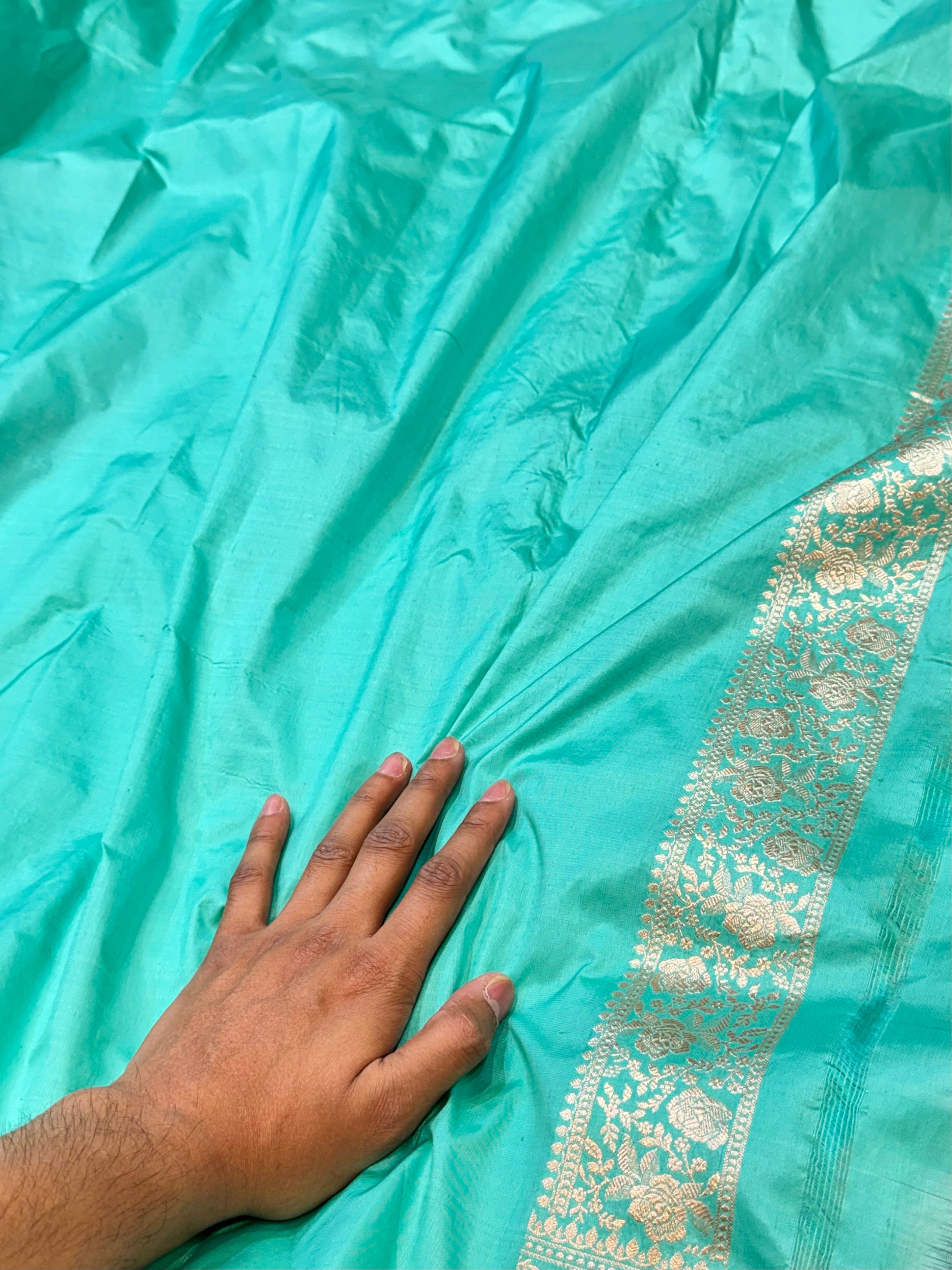 Cyan Blue 100% Pure Banarasi Katan Silk Saree