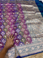 Dual Shade Peacock Blue 100% Exclusive Pure Banaras Katan Silk Rangkaat Saree