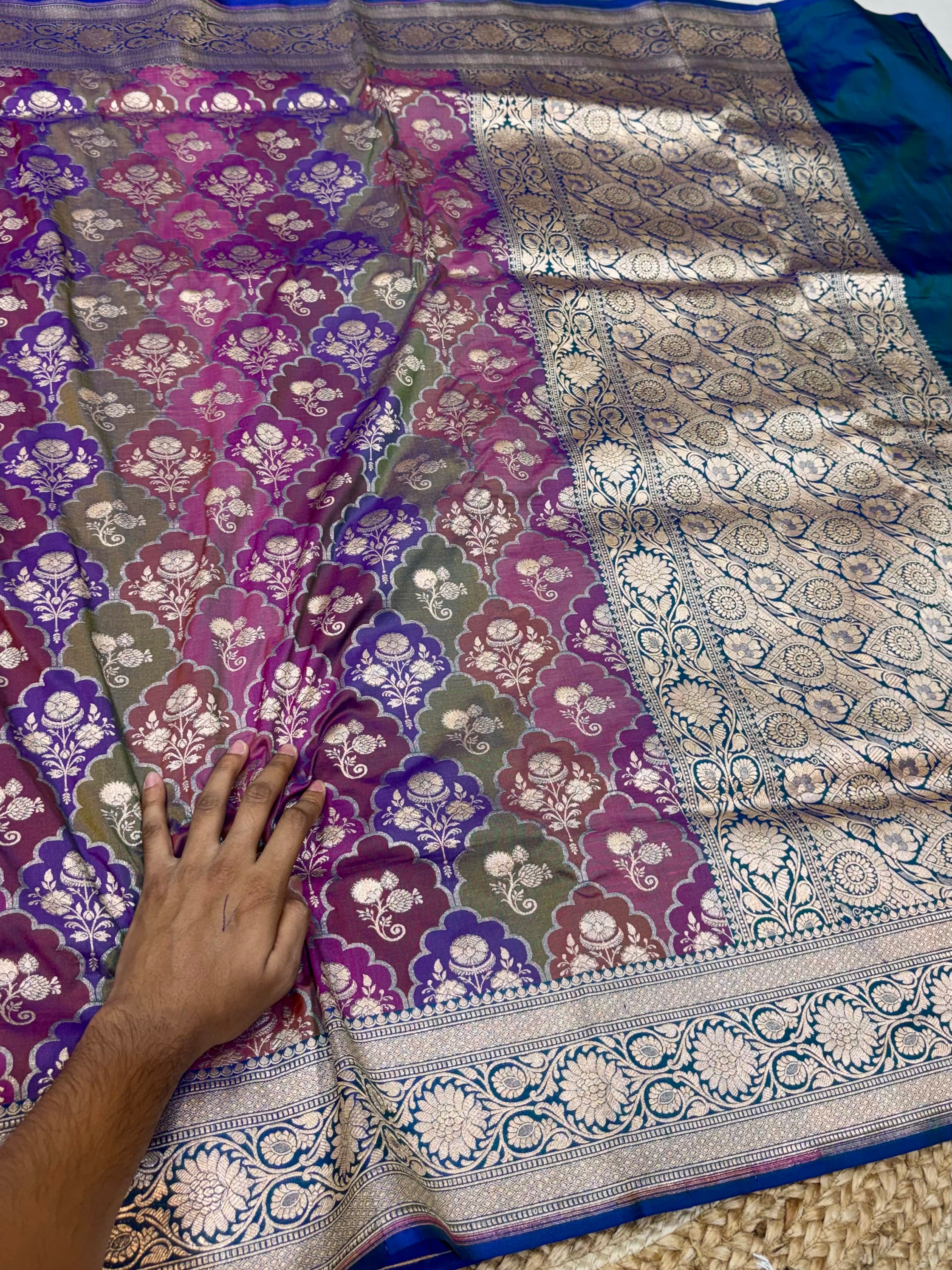Dual Shade Peacock Blue 100% Exclusive Pure Banaras Katan Silk Rangkaat Saree