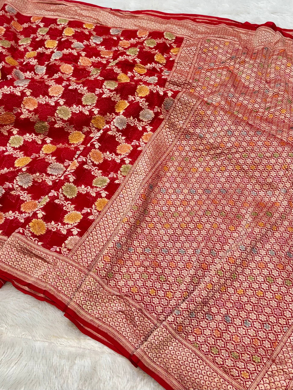 Red 100% Pure Banarasi Khaddi Georgette Meenakari Saree
