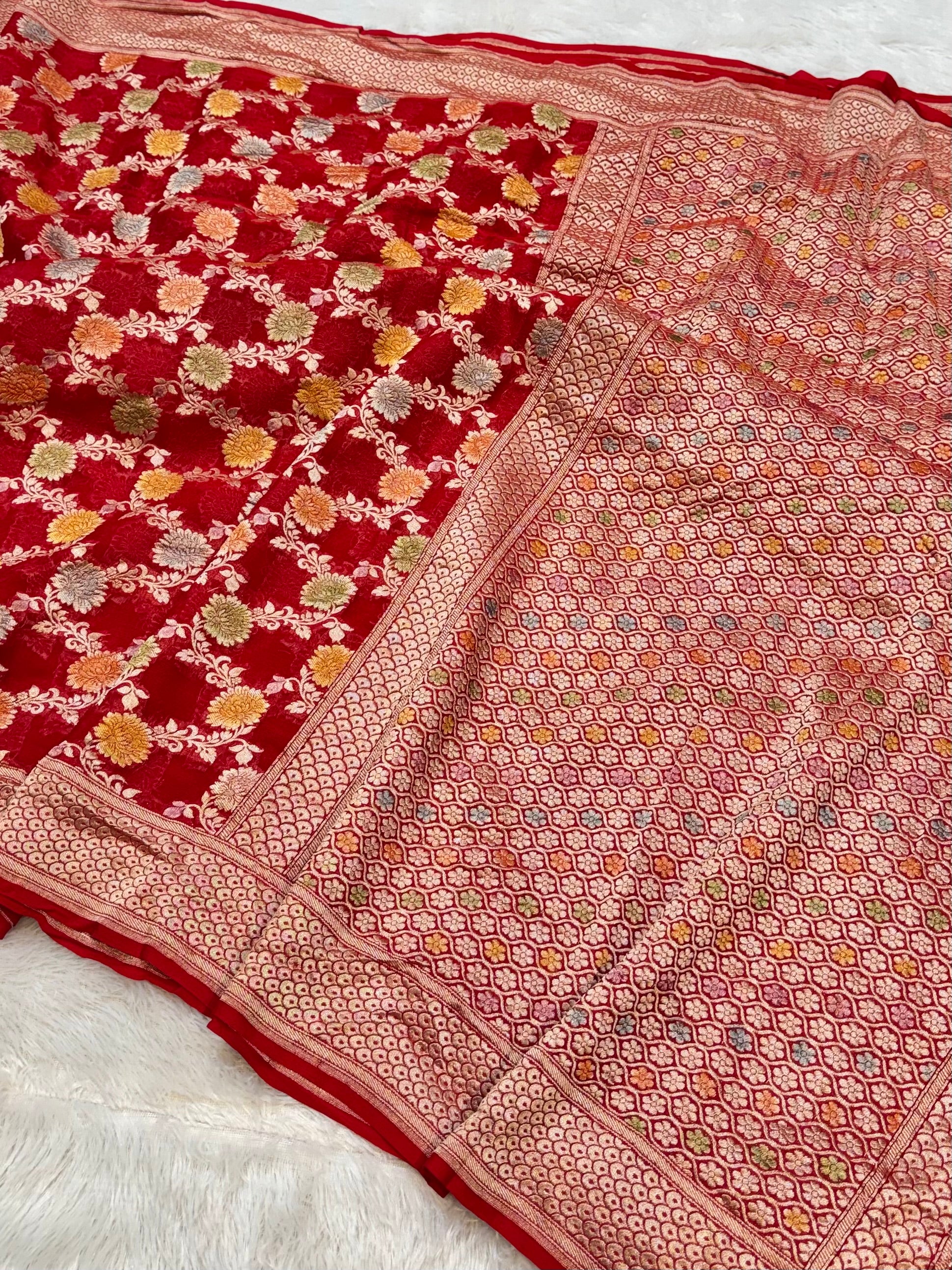Red 100% Pure Banarasi Khaddi Georgette Meenakari Saree
