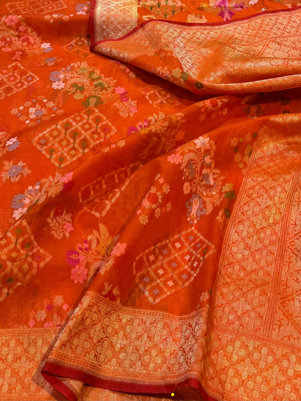 Prebook | Orange 100% Pure Ektara Banarasi Kora Jamdani Saree