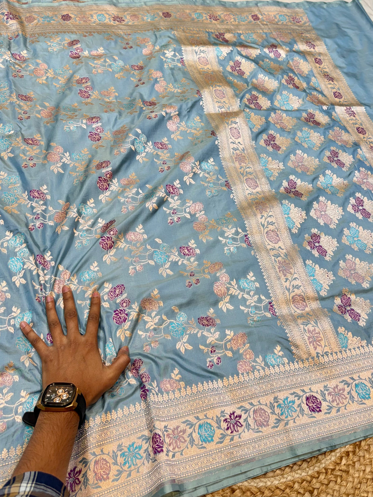 Prebook | Powder Blue Pure Banarasi Katan Silk Meenakari Saree