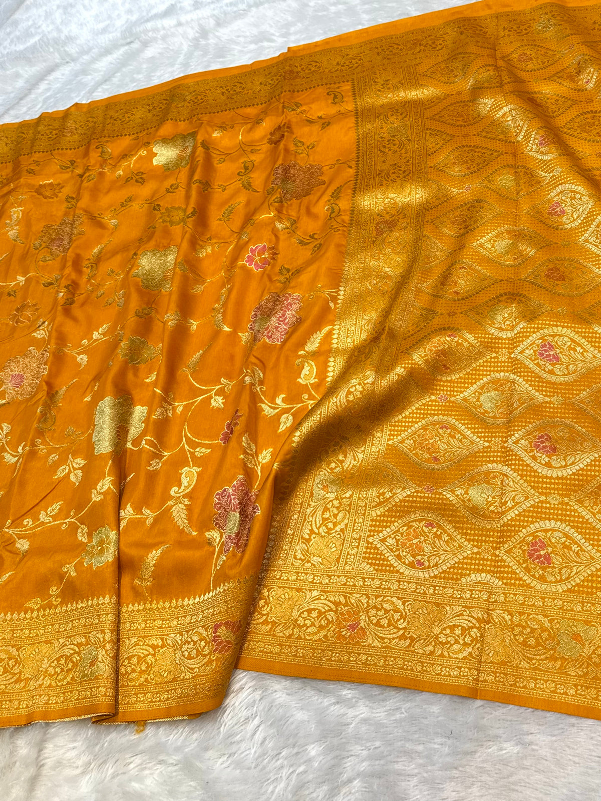 Mustard Peach Banarasi SemiKatan Silk Partywear Saree