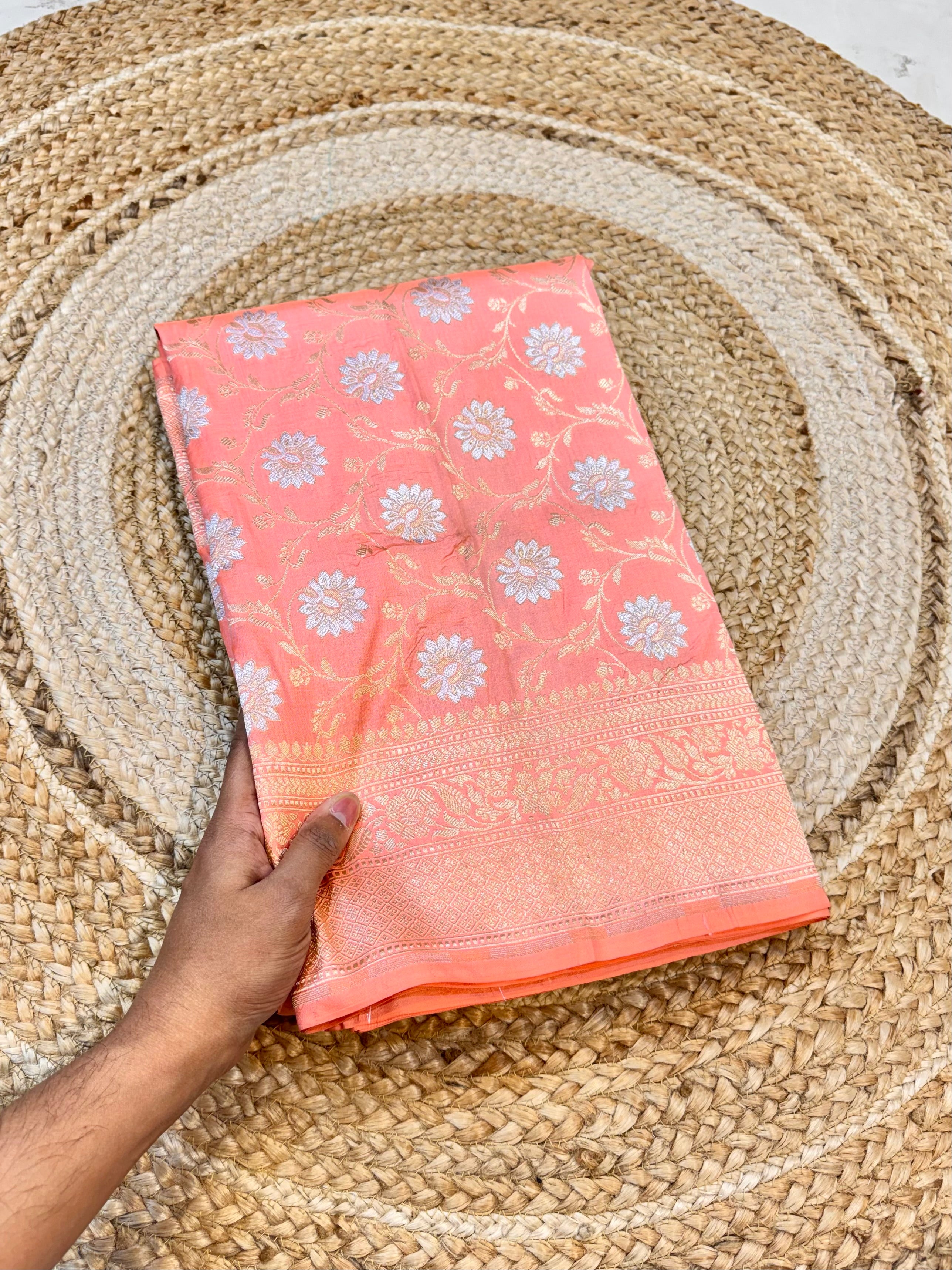Pastel Peach 100% Pure Banarasi Katan Silk Meenakari Saree