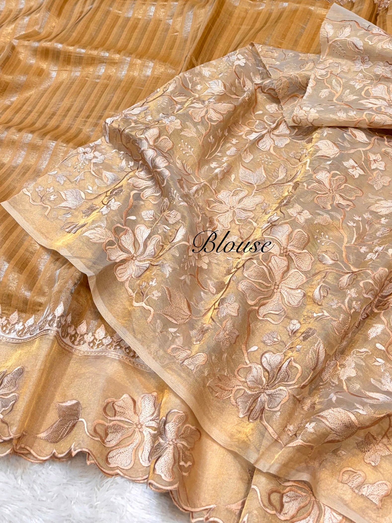 Tussar 100% Pure Handloom Stripes Tissue Silk Partywear Banarasi Embroidery Lightweight Sarees
