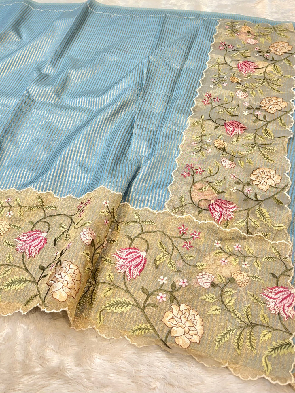 Light Blue Tissue Silk Partywear Banarasi Embroidery Tissue Border Lightweight Sarees