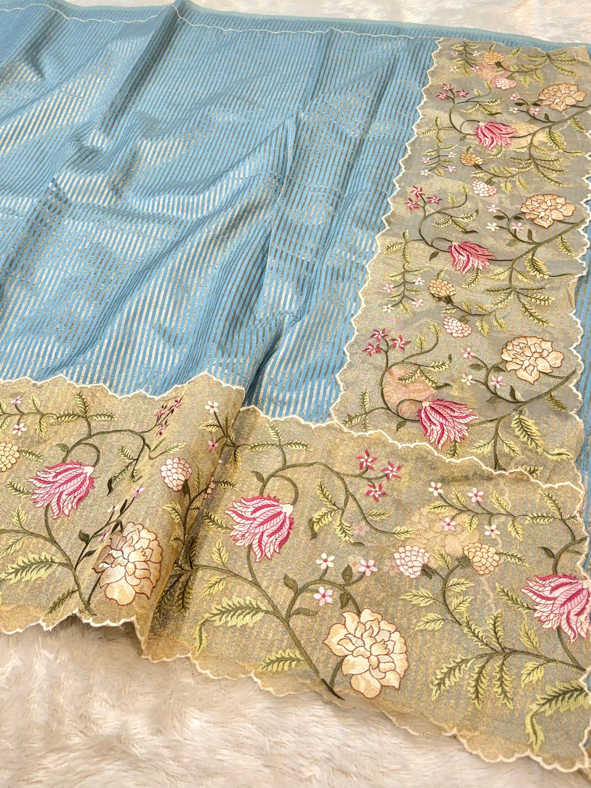Light Blue Tissue Silk Partywear Banarasi Embroidery Tissue Border Lightweight Sarees